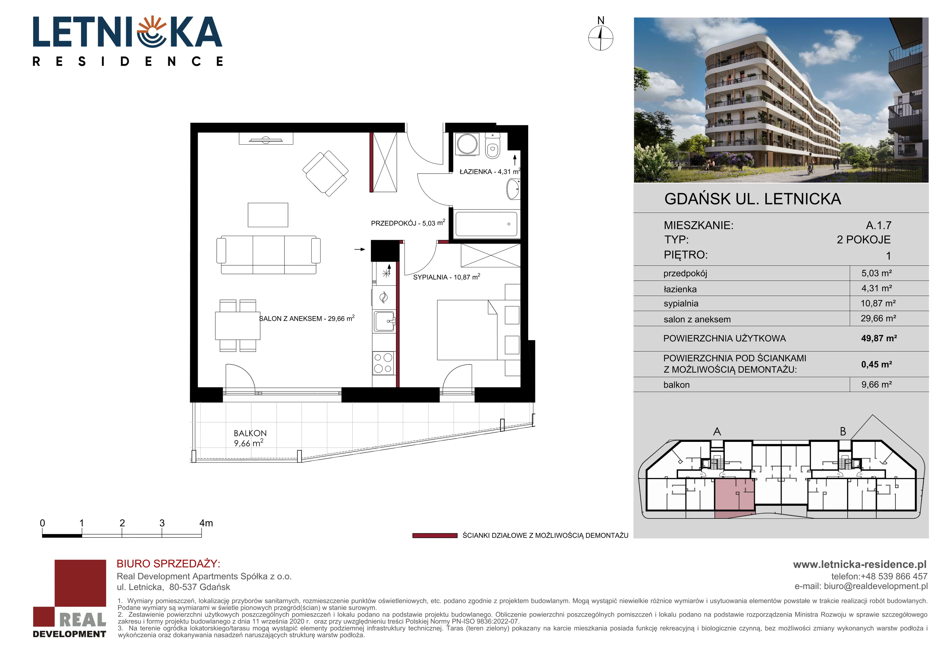 2 pokoje, apartament 49,87 m², piętro 1, oferta nr A_1_07, Letnicka Residence, Gdańsk, Letnica, ul. Letnicka