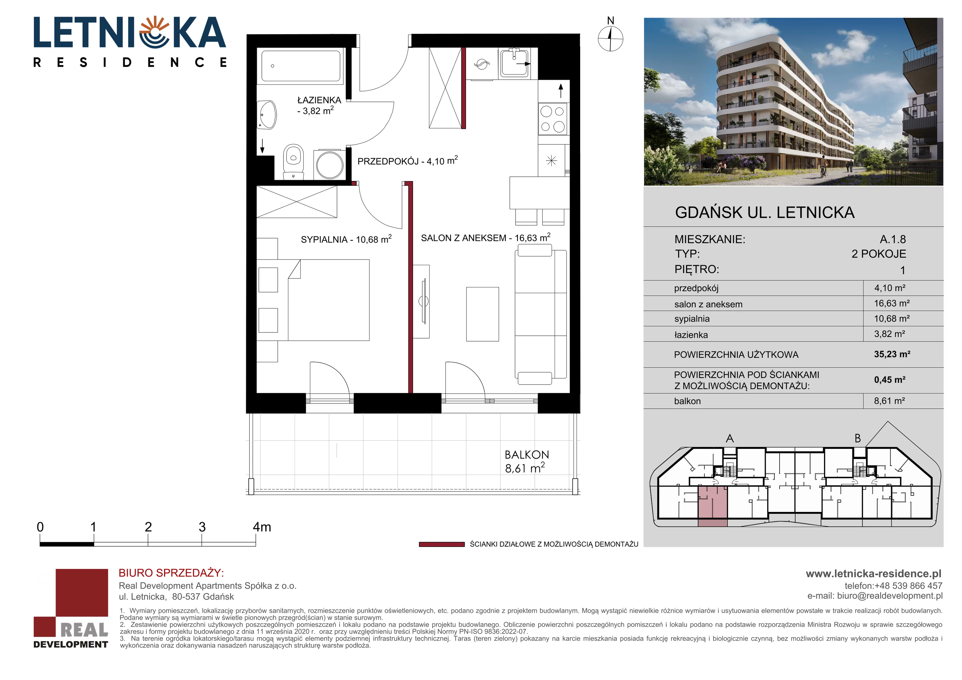 2 pokoje, mieszkanie 35,23 m², piętro 1, oferta nr A_1_08, Letnicka Residence, Gdańsk, Letnica, ul. Letnicka