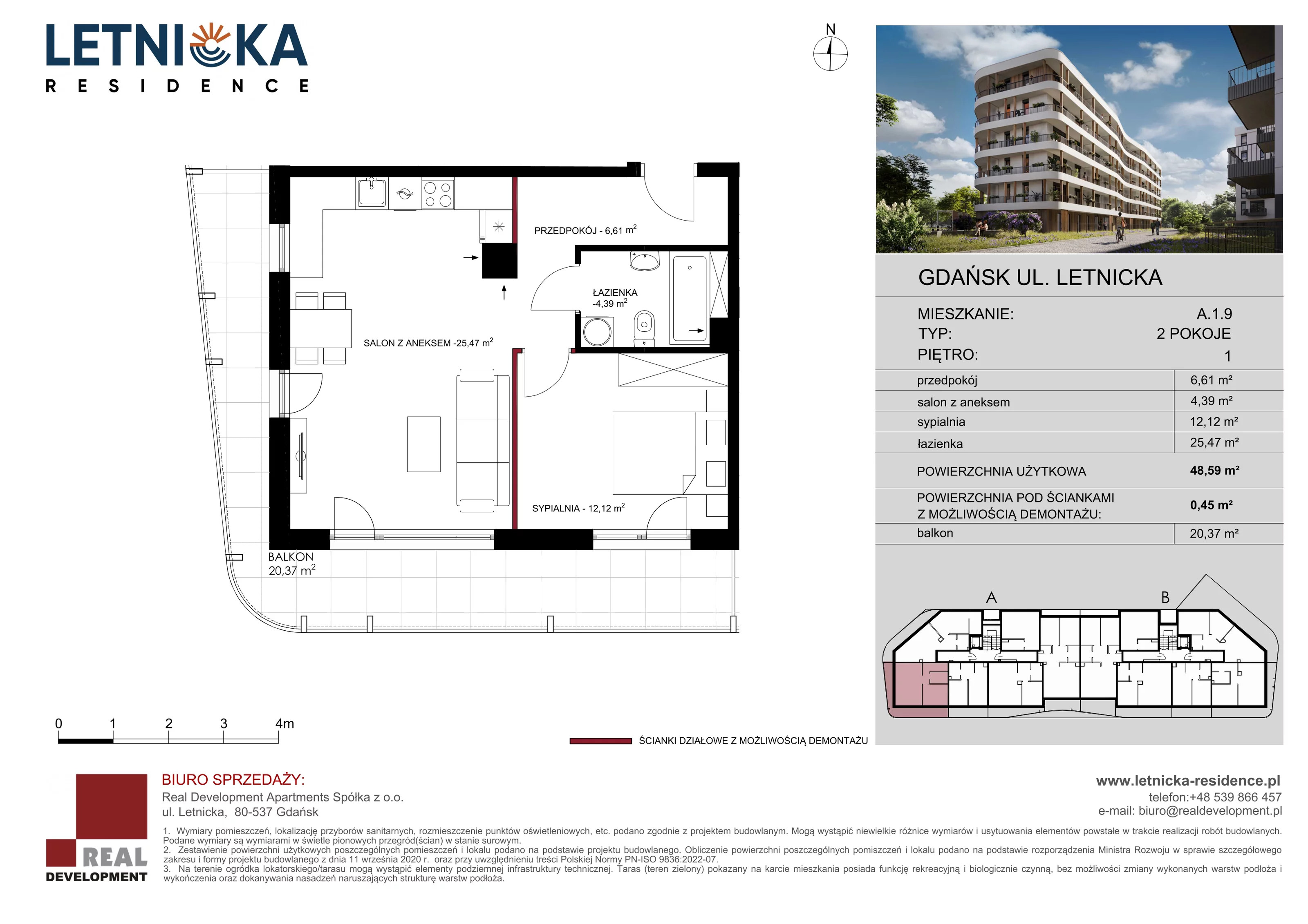 2 pokoje, apartament 48,59 m², piętro 1, oferta nr A_1_09, Letnicka Residence, Gdańsk, Letnica, ul. Letnicka