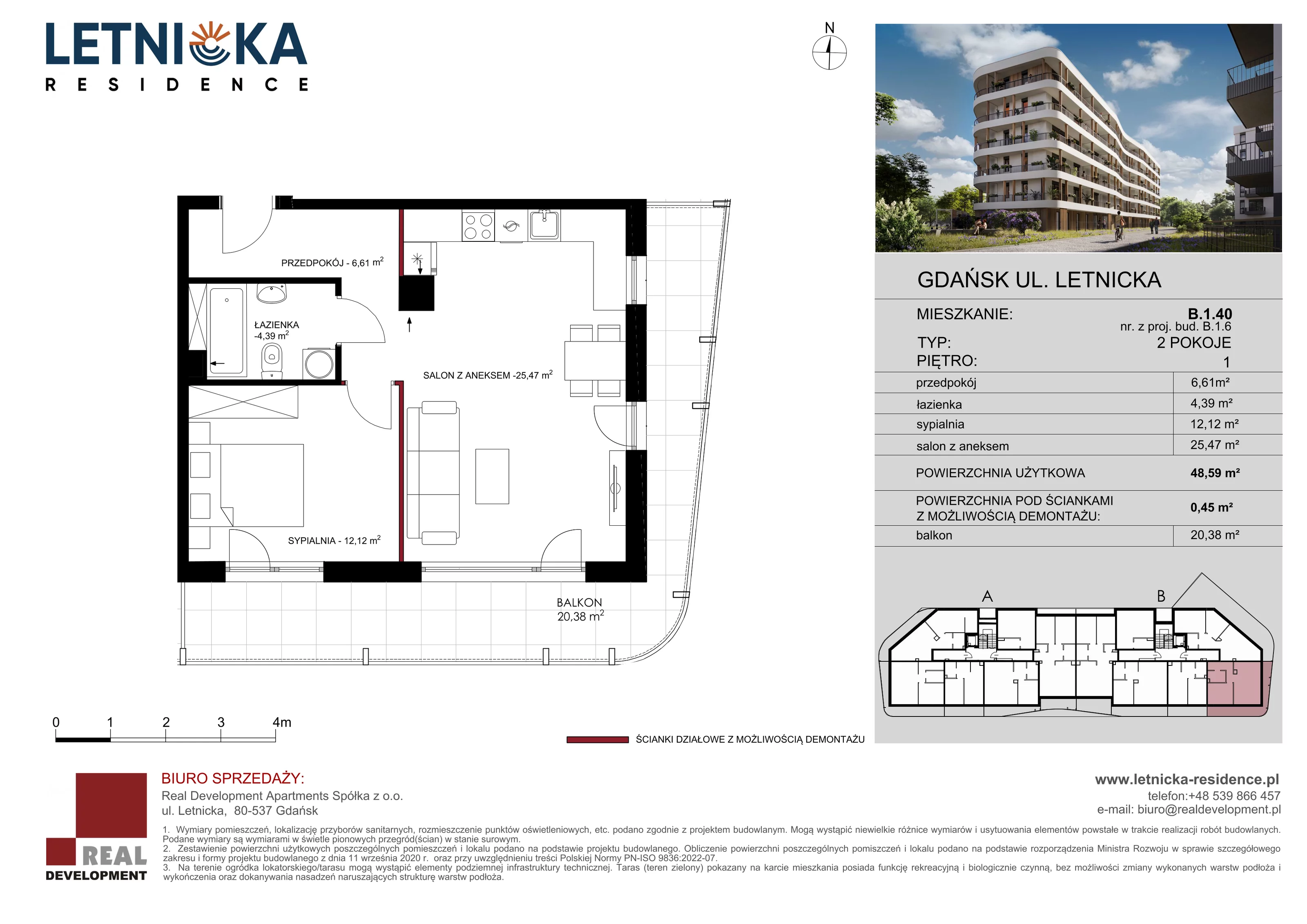 2 pokoje, mieszkanie 48,59 m², piętro 1, oferta nr B_1_40, Letnicka Residence, Gdańsk, Letnica, ul. Letnicka