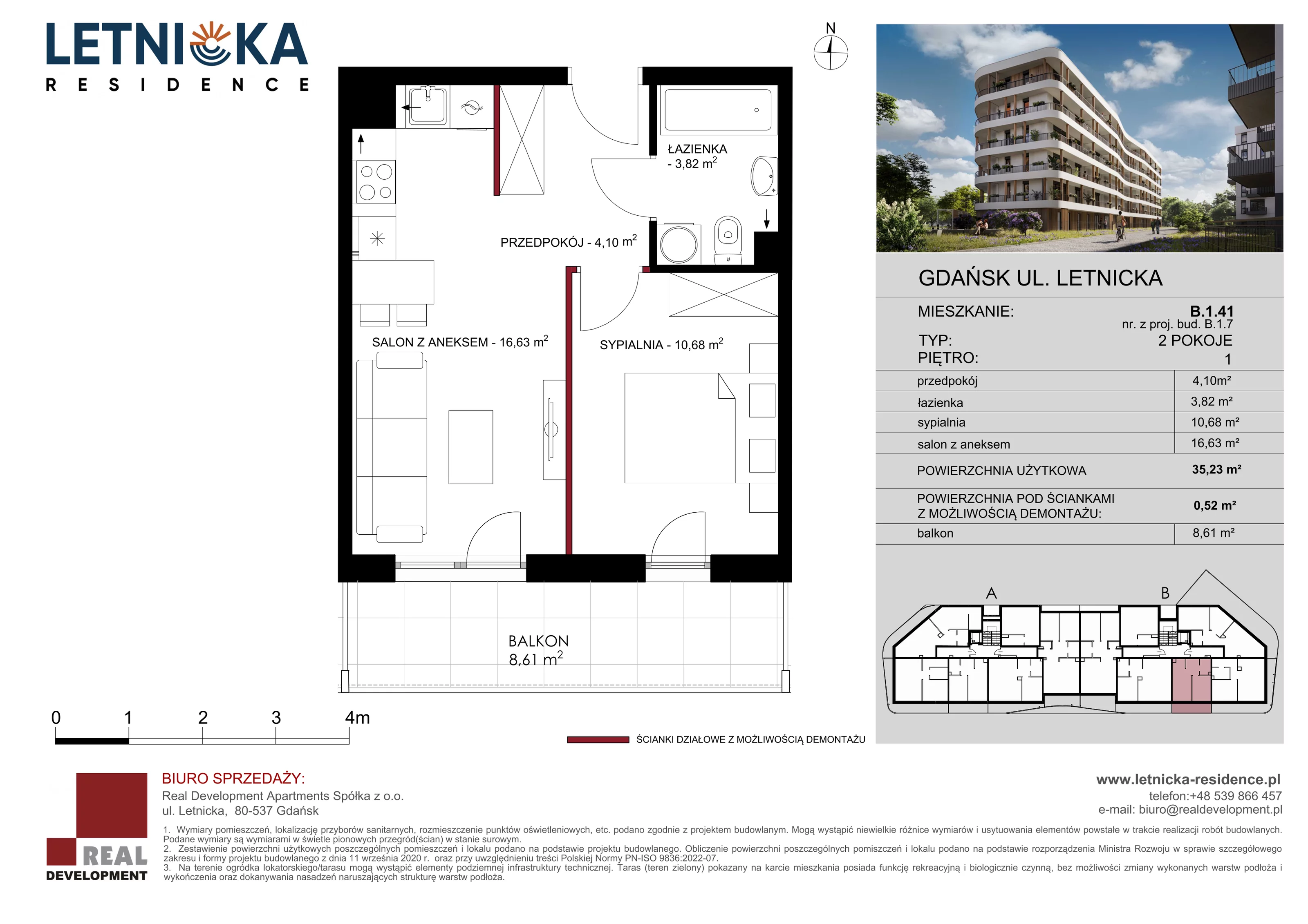 2 pokoje, mieszkanie 35,23 m², piętro 1, oferta nr B_1_41, Letnicka Residence, Gdańsk, Letnica, ul. Letnicka