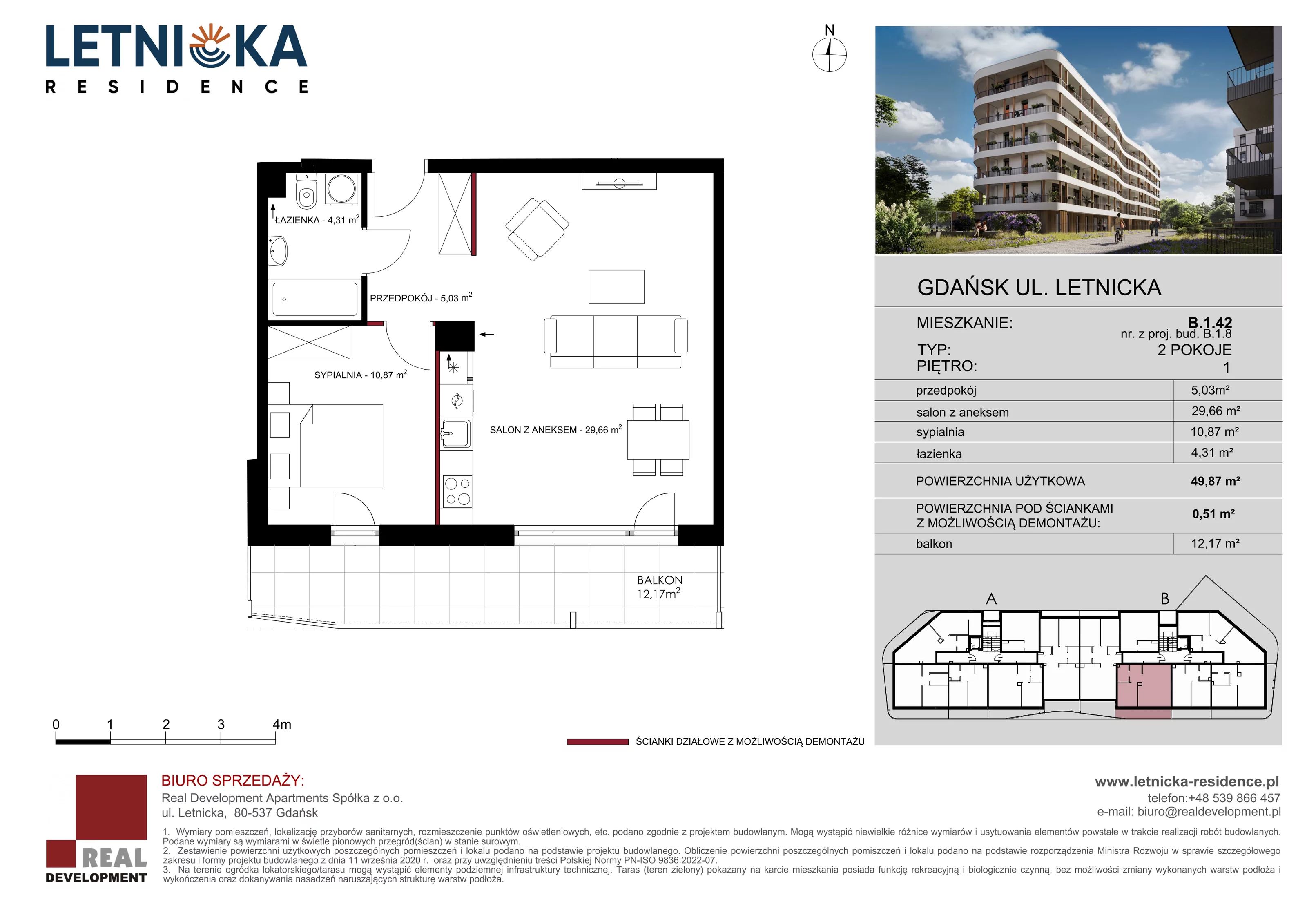 2 pokoje, mieszkanie 49,87 m², piętro 1, oferta nr B_1_42, Letnicka Residence, Gdańsk, Letnica, ul. Letnicka