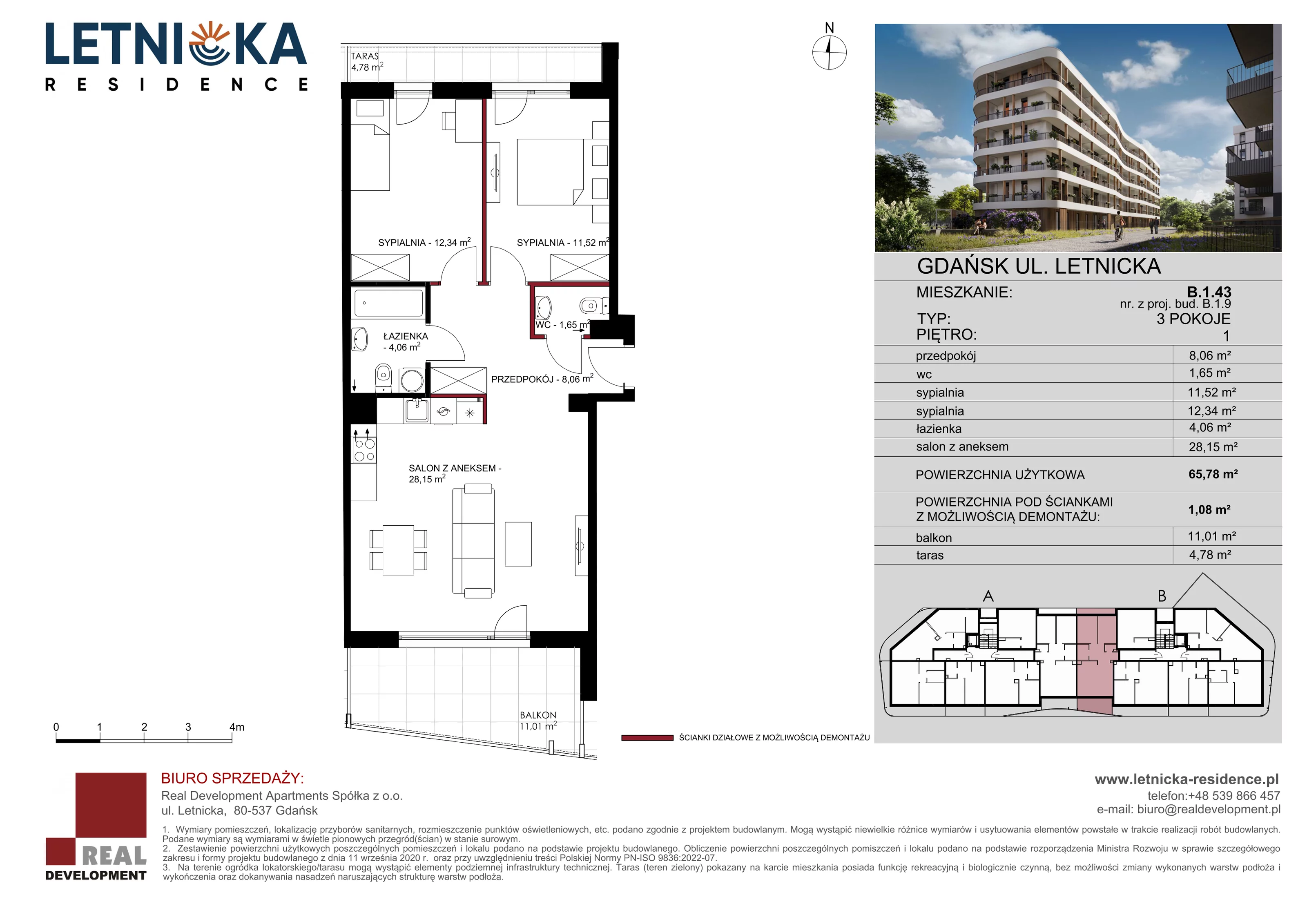 3 pokoje, apartament 65,78 m², piętro 1, oferta nr B_1_43, Letnicka Residence, Gdańsk, Letnica, ul. Letnicka