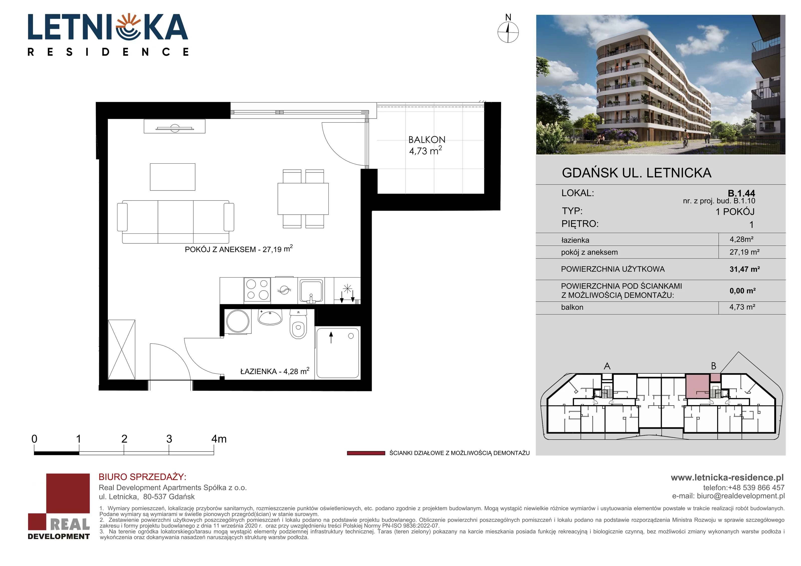 1 pokój, lokal inwestycyjny 31,47 m², piętro 1, oferta nr B_1_44, Letnicka Residence, Gdańsk, Letnica, ul. Letnicka