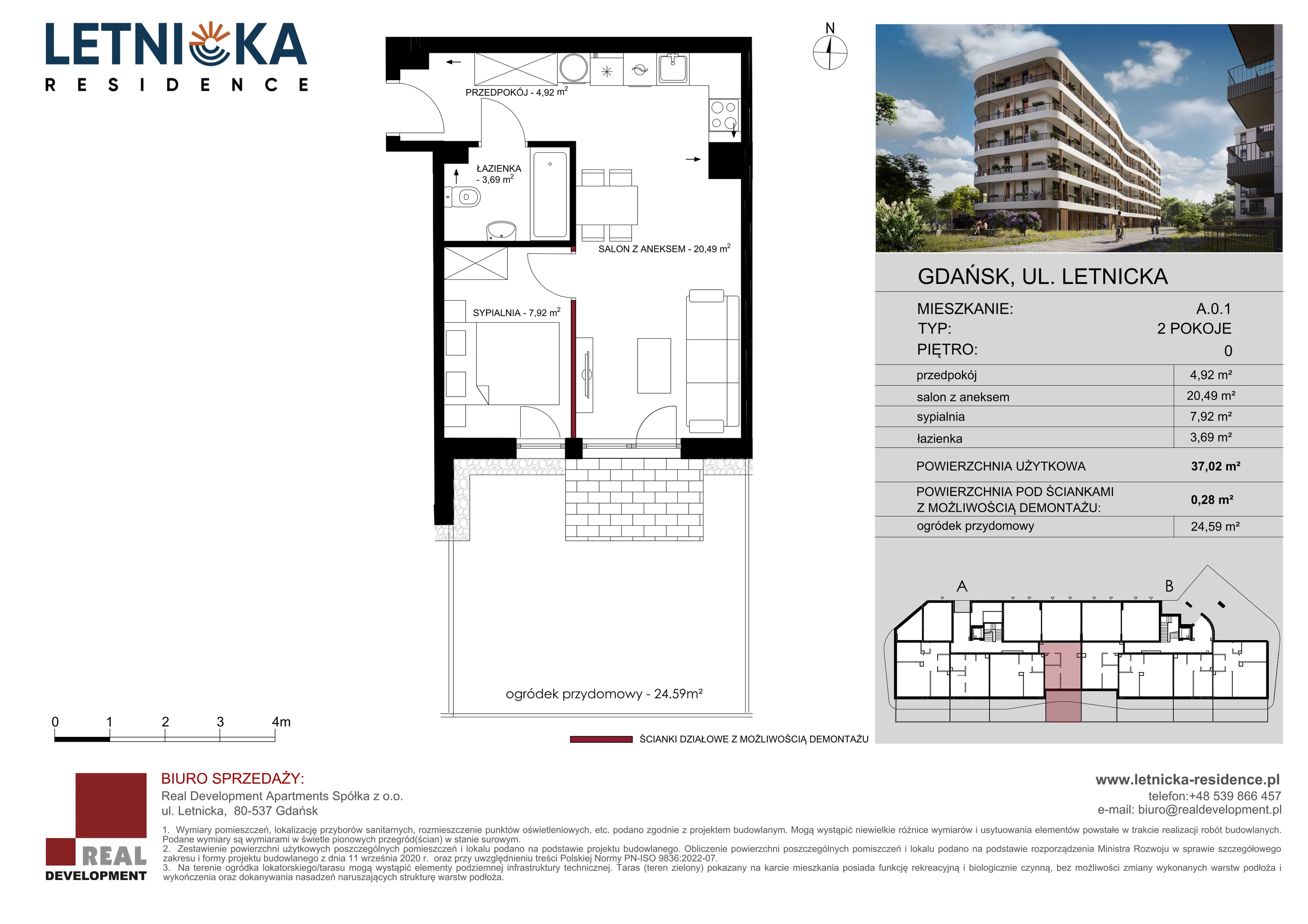 2 pokoje, mieszkanie 37,02 m², parter, oferta nr A_0_01, Letnicka Residence, Gdańsk, Letnica, ul. Letnicka