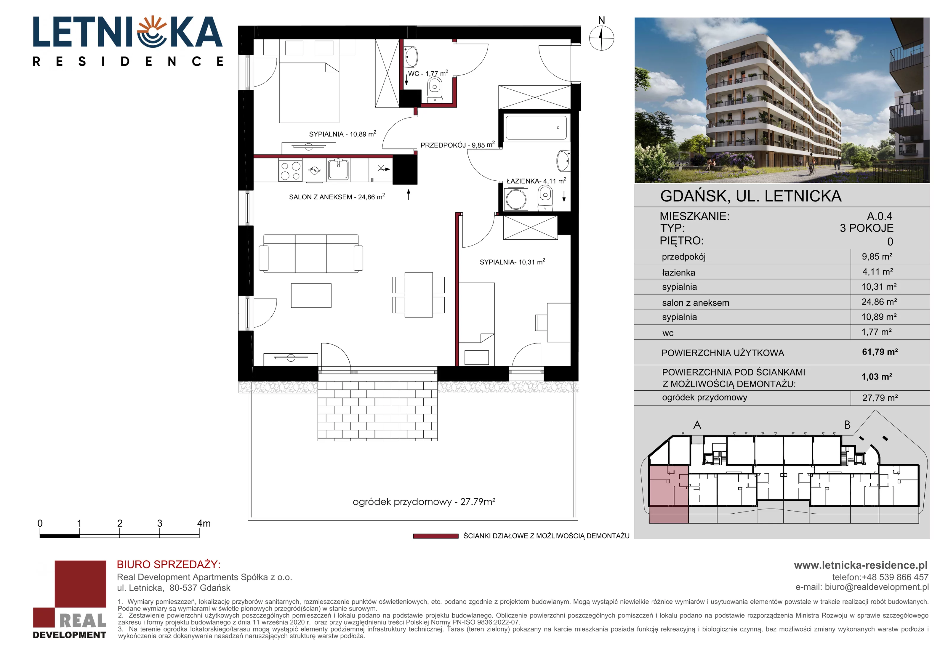 3 pokoje, mieszkanie 61,79 m², parter, oferta nr A_0_04, Letnicka Residence, Gdańsk, Letnica, ul. Letnicka