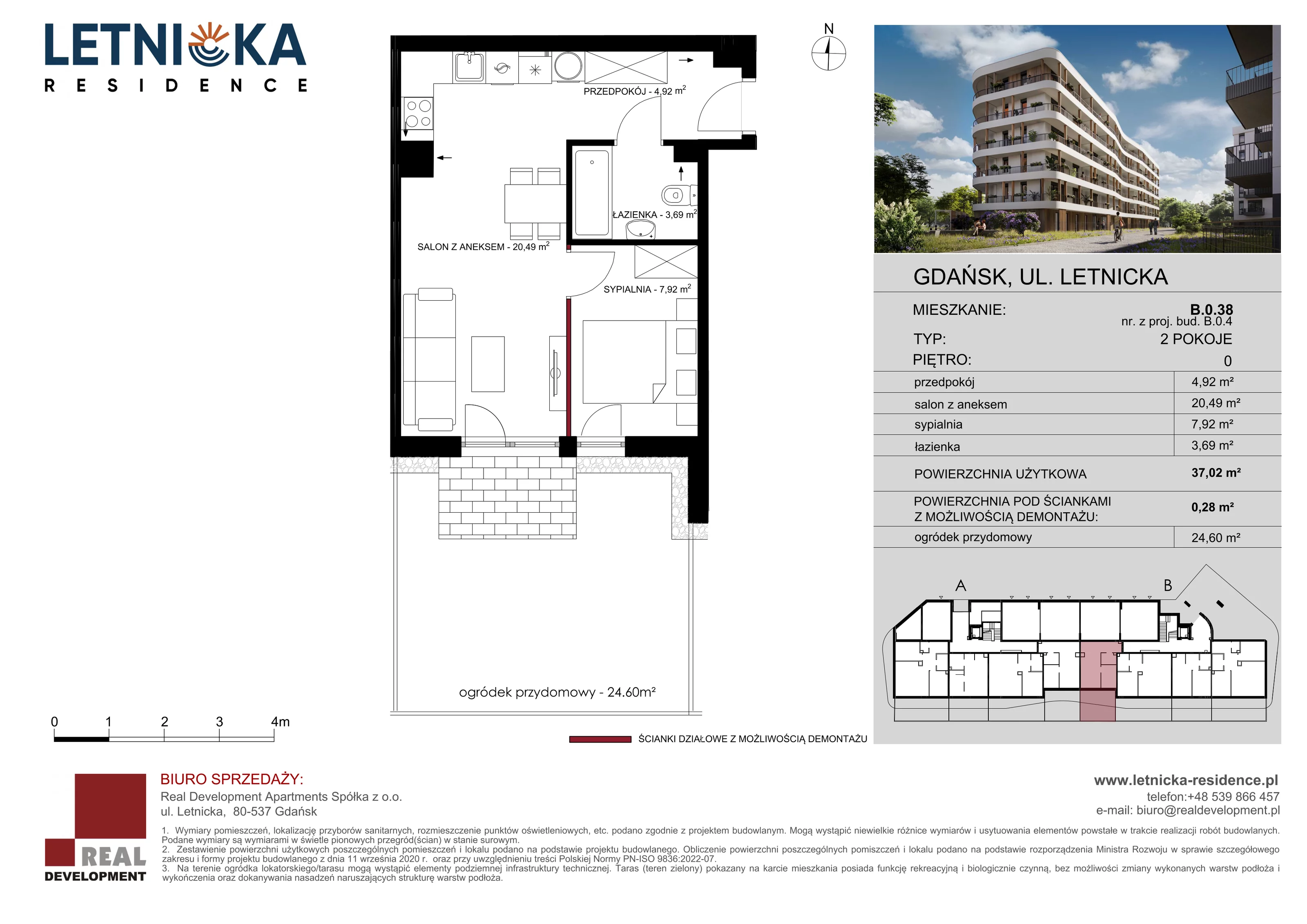 2 pokoje, mieszkanie 37,02 m², parter, oferta nr B_0_38, Letnicka Residence, Gdańsk, Letnica, ul. Letnicka