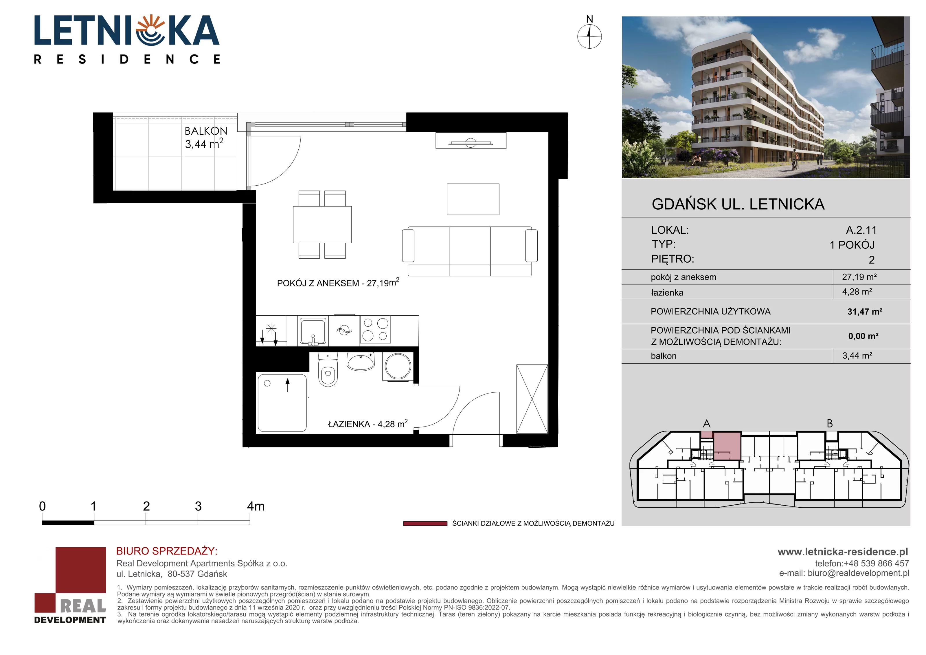 1 pokój, lokal inwestycyjny 31,47 m², piętro 2, oferta nr A_2_11, Letnicka Residence, Gdańsk, Letnica, ul. Letnicka