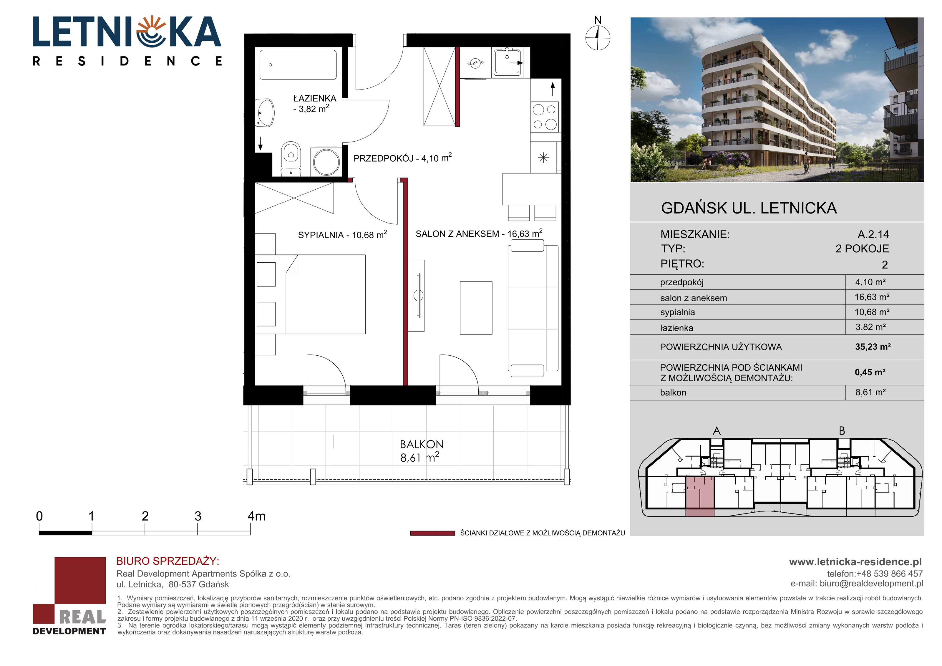 2 pokoje, mieszkanie 35,23 m², piętro 2, oferta nr A_2_14, Letnicka Residence, Gdańsk, Letnica, ul. Letnicka