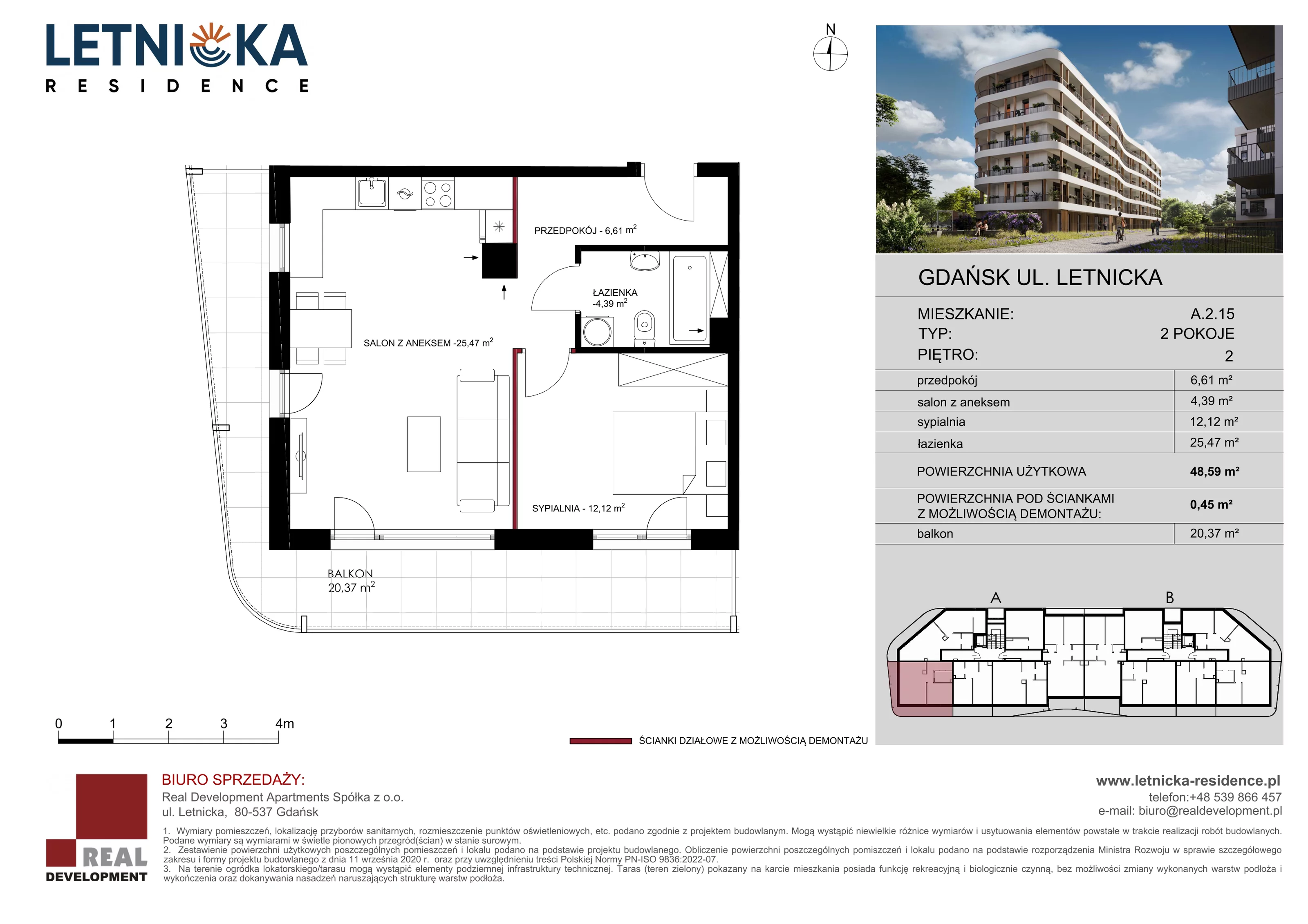 2 pokoje, mieszkanie 48,59 m², piętro 2, oferta nr A_2_15, Letnicka Residence, Gdańsk, Letnica, ul. Letnicka