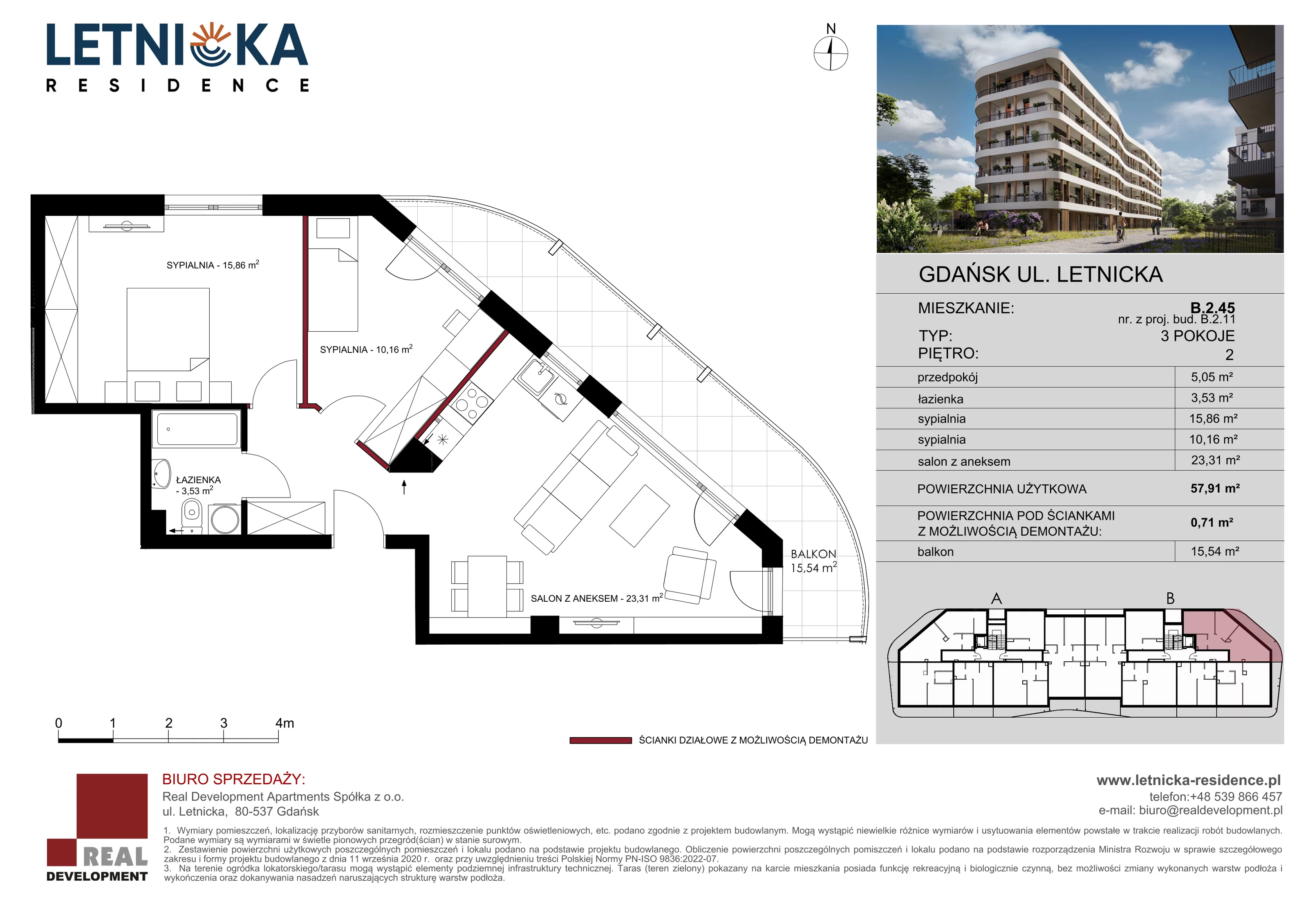 3 pokoje, mieszkanie 57,91 m², piętro 2, oferta nr B_2_45, Letnicka Residence, Gdańsk, Letnica, ul. Letnicka