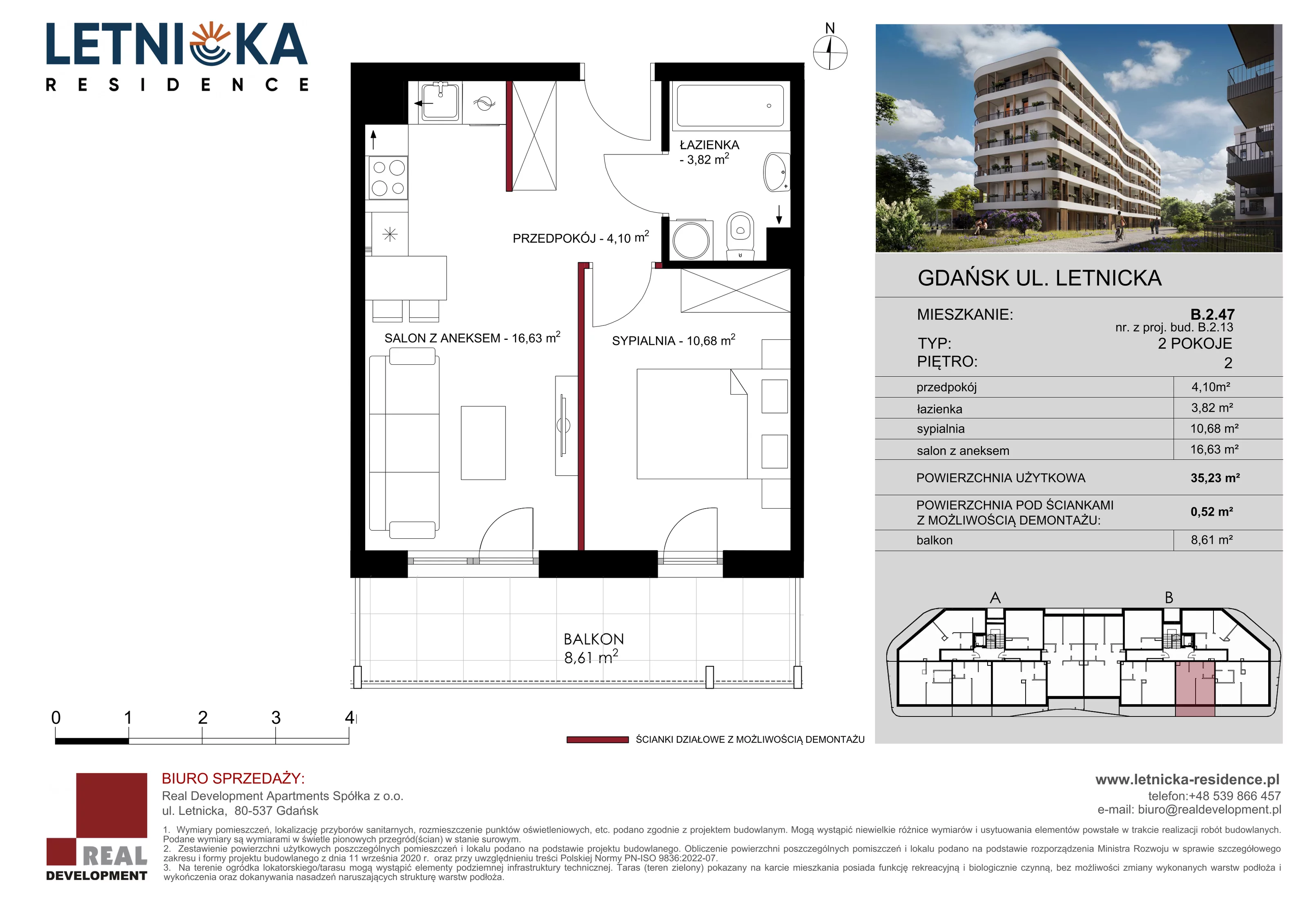 2 pokoje, apartament 35,23 m², piętro 2, oferta nr B_2_47, Letnicka Residence, Gdańsk, Letnica, ul. Letnicka