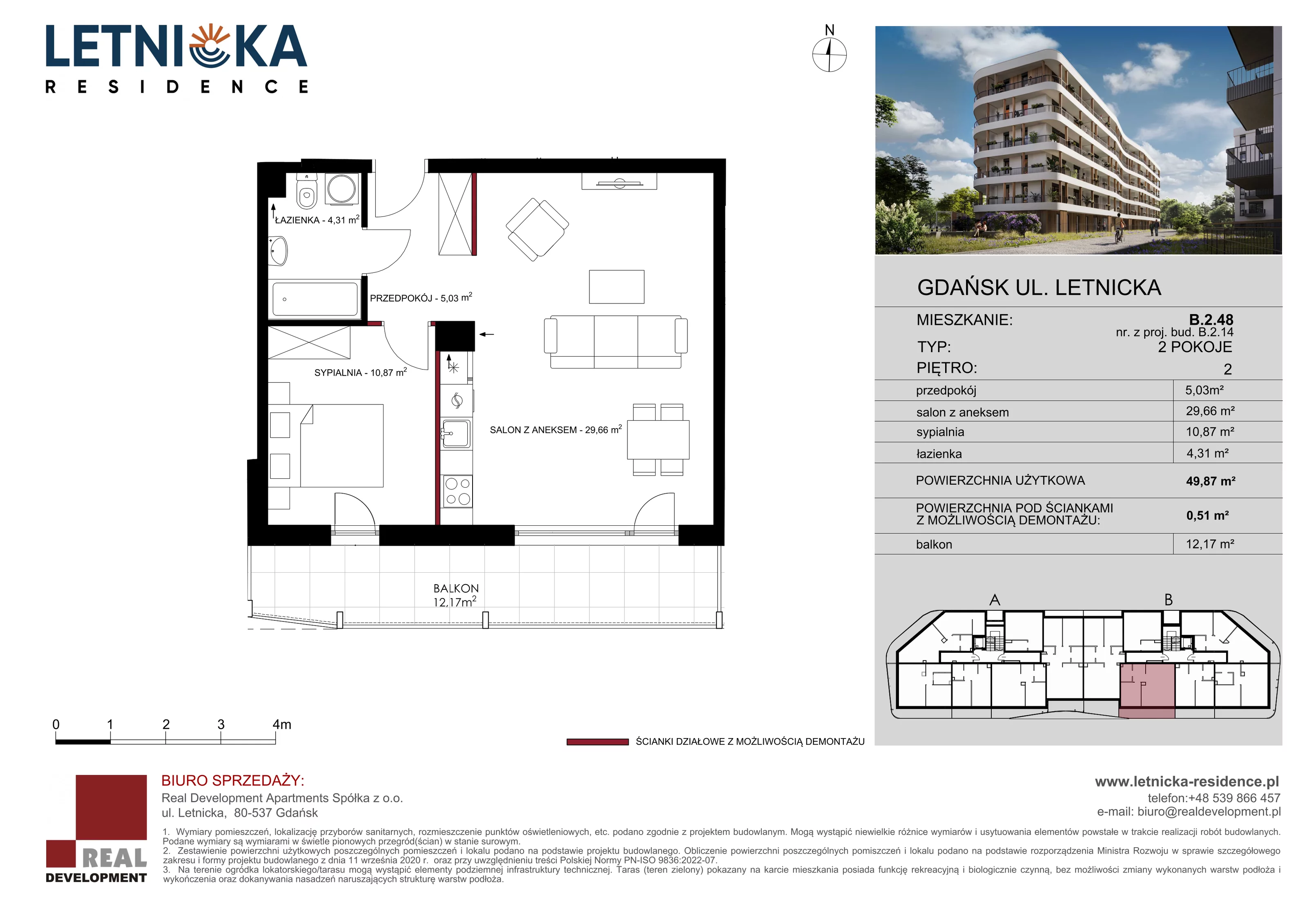 2 pokoje, apartament 49,87 m², piętro 2, oferta nr B_2_48, Letnicka Residence, Gdańsk, Letnica, ul. Letnicka