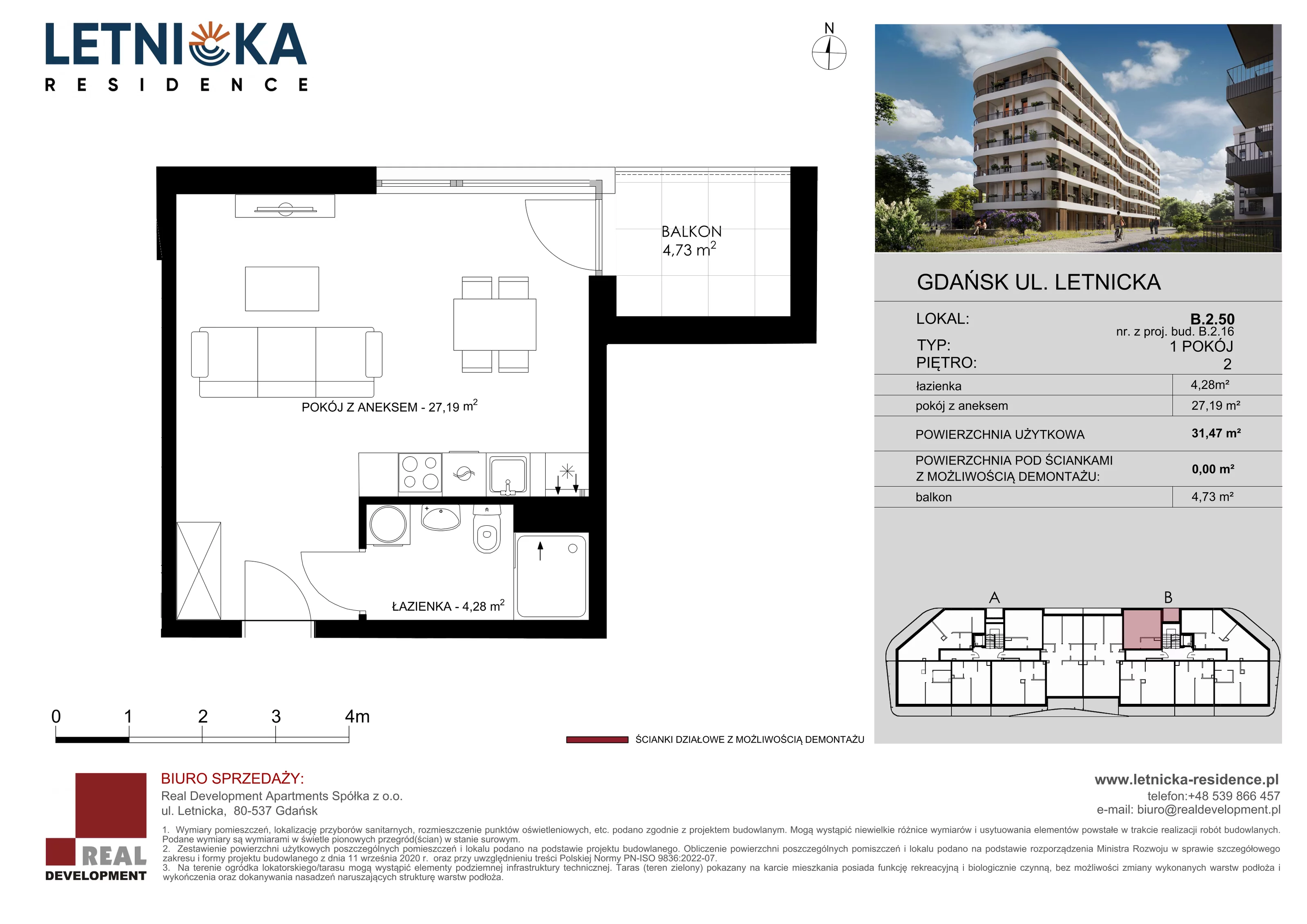 1 pokój, lokal inwestycyjny 31,47 m², piętro 2, oferta nr B_2_50, Letnicka Residence, Gdańsk, Letnica, ul. Letnicka