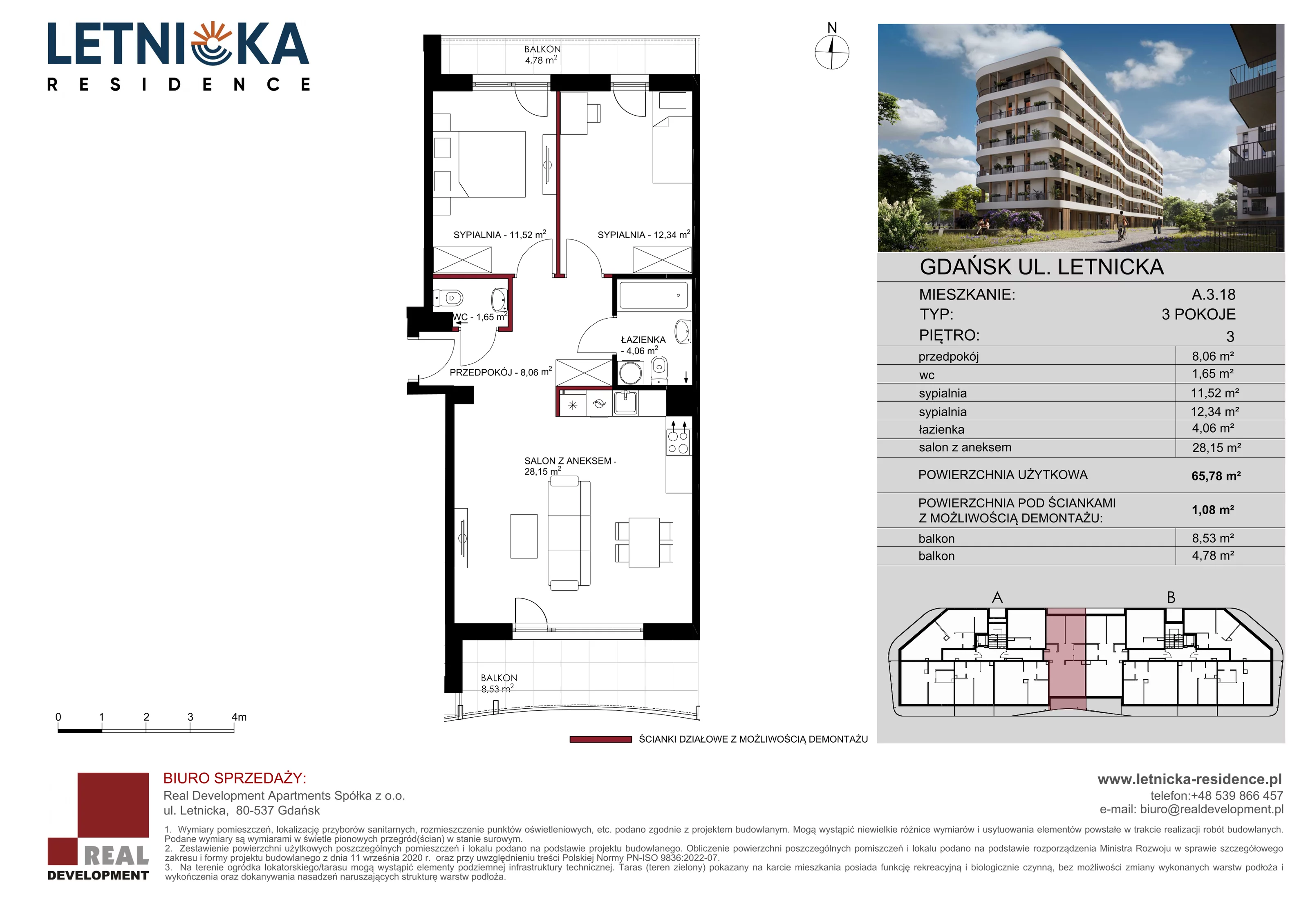 3 pokoje, mieszkanie 65,78 m², piętro 3, oferta nr A_3_18, Letnicka Residence, Gdańsk, Letnica, ul. Letnicka