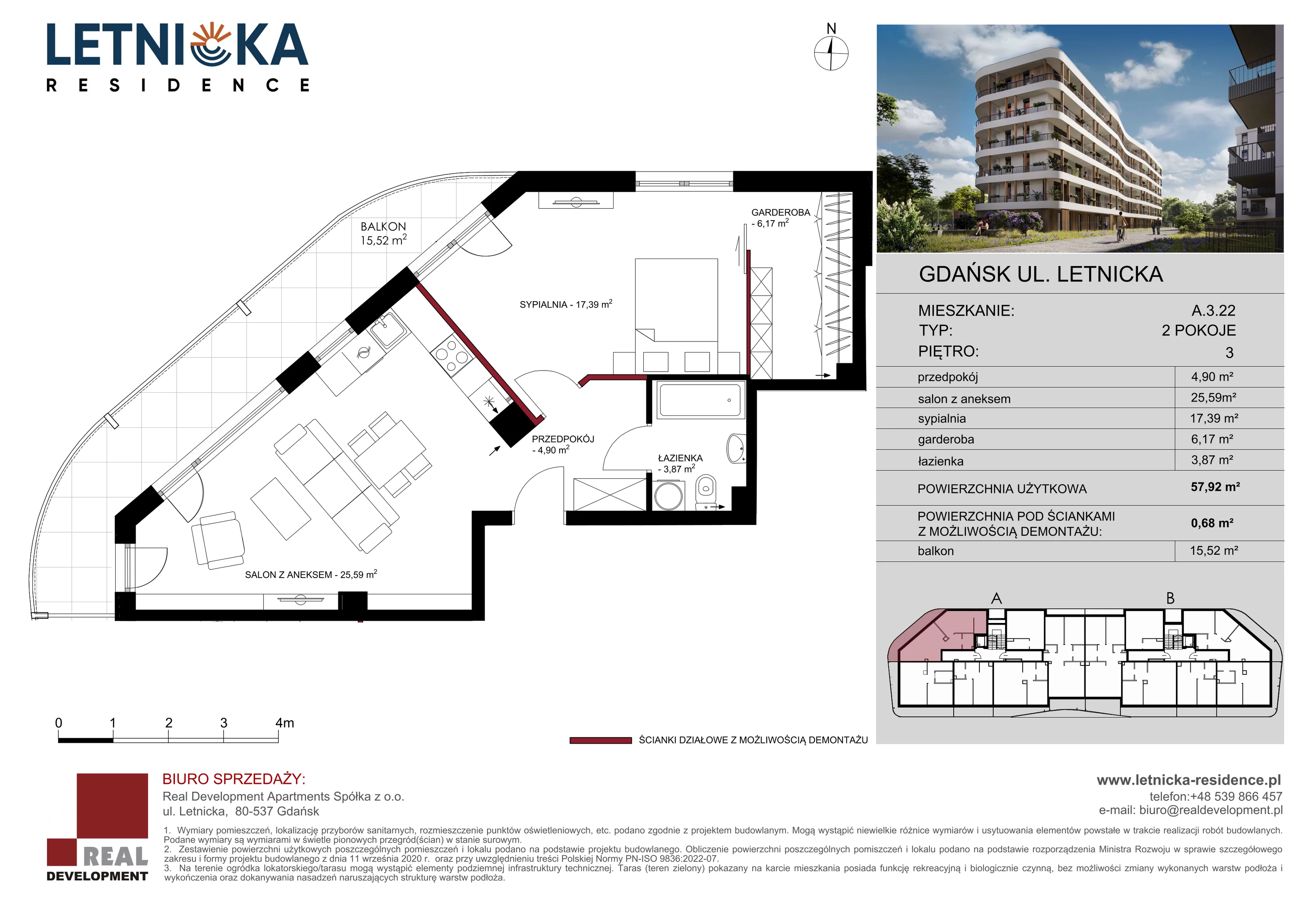 2 pokoje, mieszkanie 57,92 m², piętro 3, oferta nr A_3_22, Letnicka Residence, Gdańsk, Letnica, ul. Letnicka