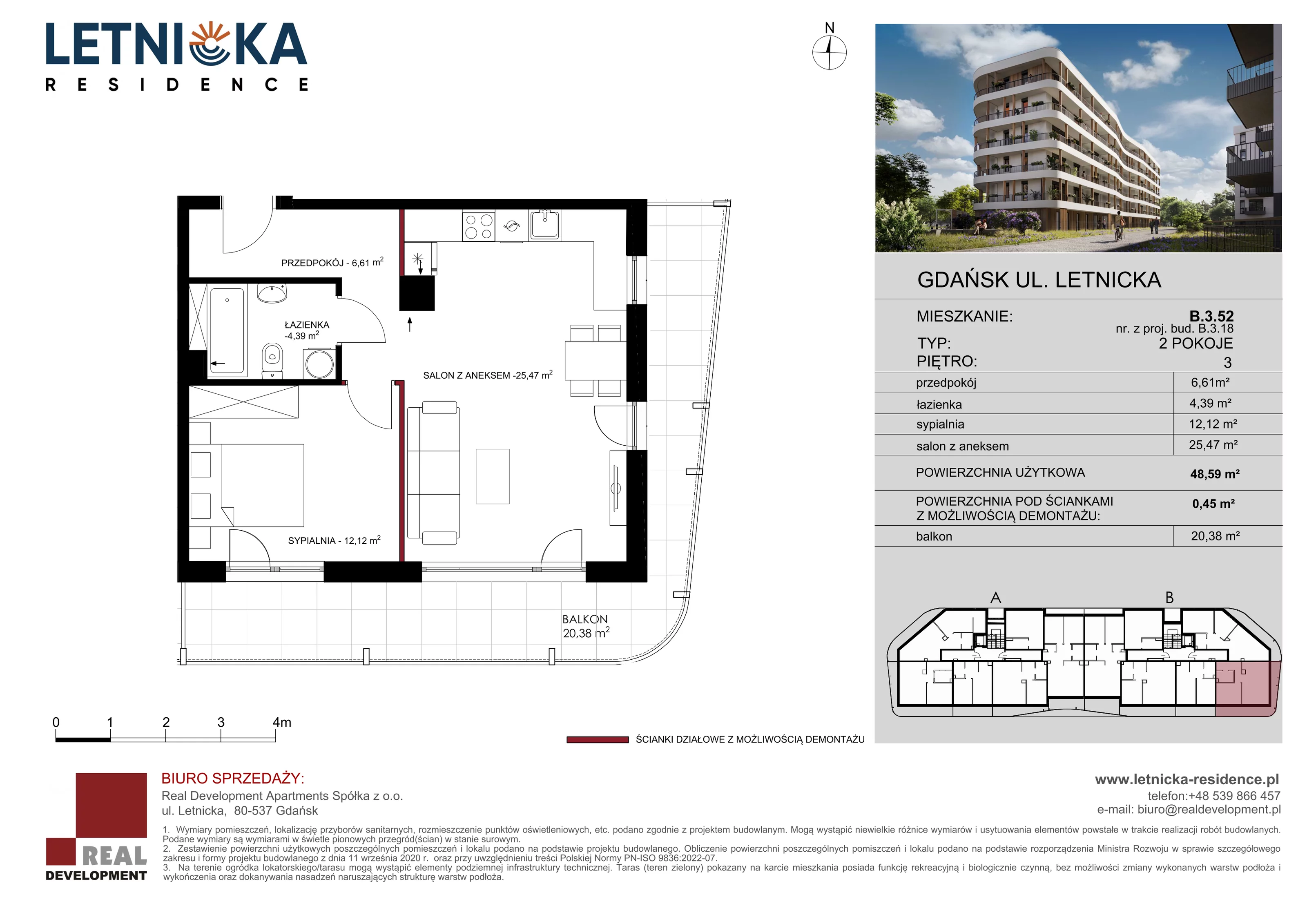 2 pokoje, mieszkanie 48,59 m², piętro 3, oferta nr B_3_52, Letnicka Residence, Gdańsk, Letnica, ul. Letnicka