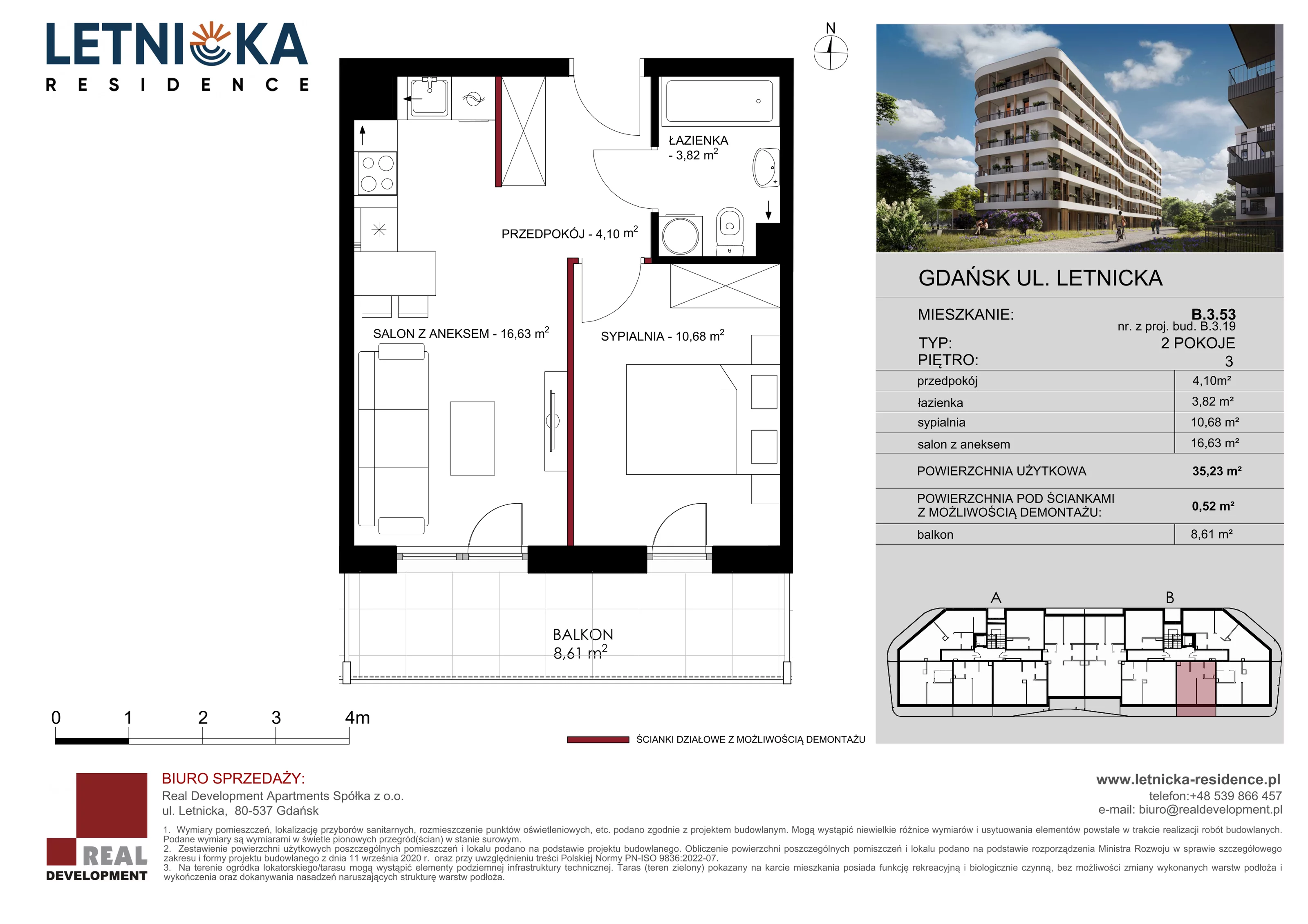 2 pokoje, apartament 35,23 m², piętro 3, oferta nr B_3_53, Letnicka Residence, Gdańsk, Letnica, ul. Letnicka