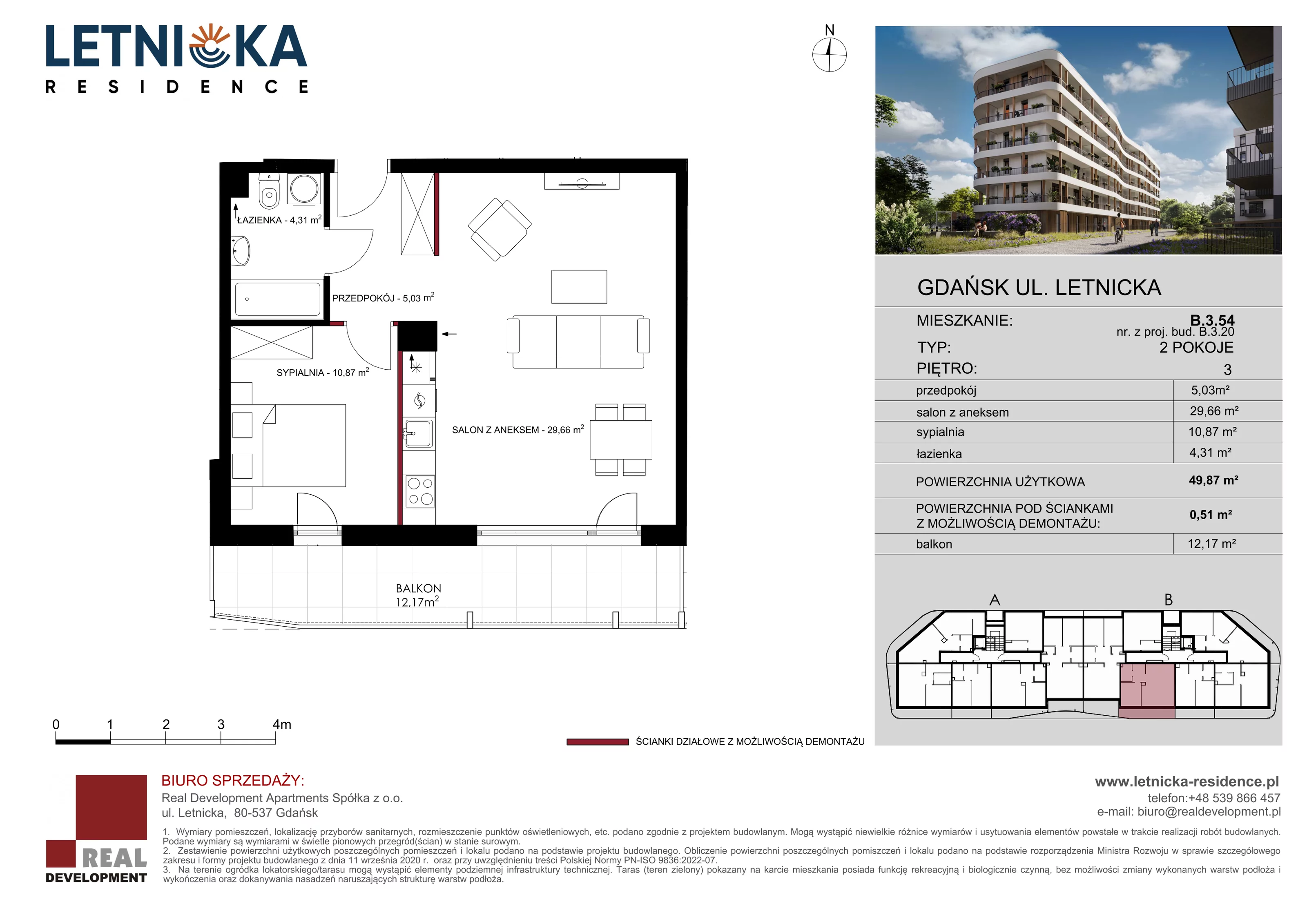 2 pokoje, mieszkanie 49,87 m², piętro 3, oferta nr B_3_54, Letnicka Residence, Gdańsk, Letnica, ul. Letnicka