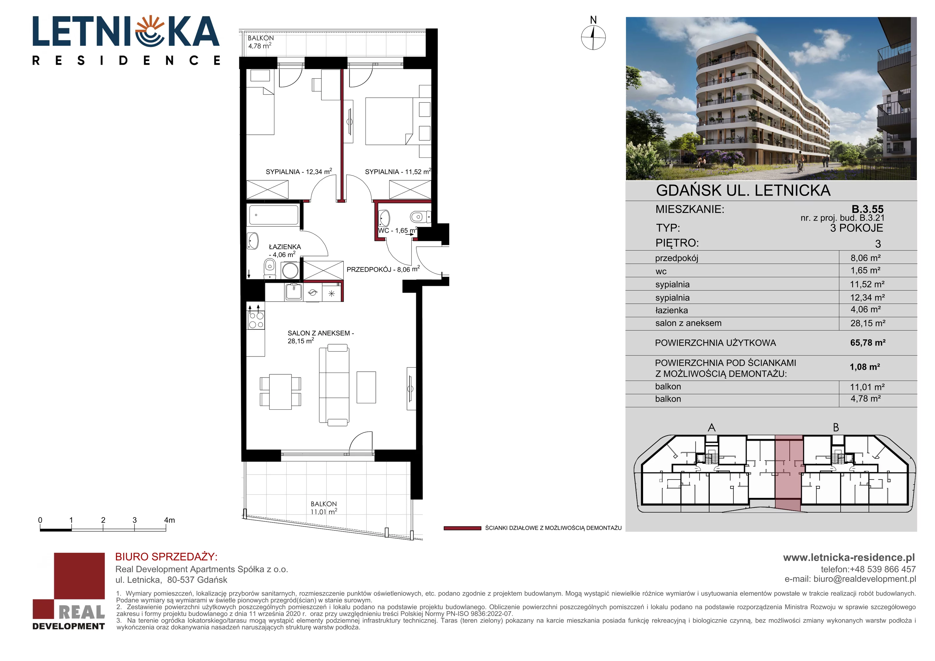 3 pokoje, apartament 65,78 m², piętro 3, oferta nr B_3_55, Letnicka Residence, Gdańsk, Letnica, ul. Letnicka