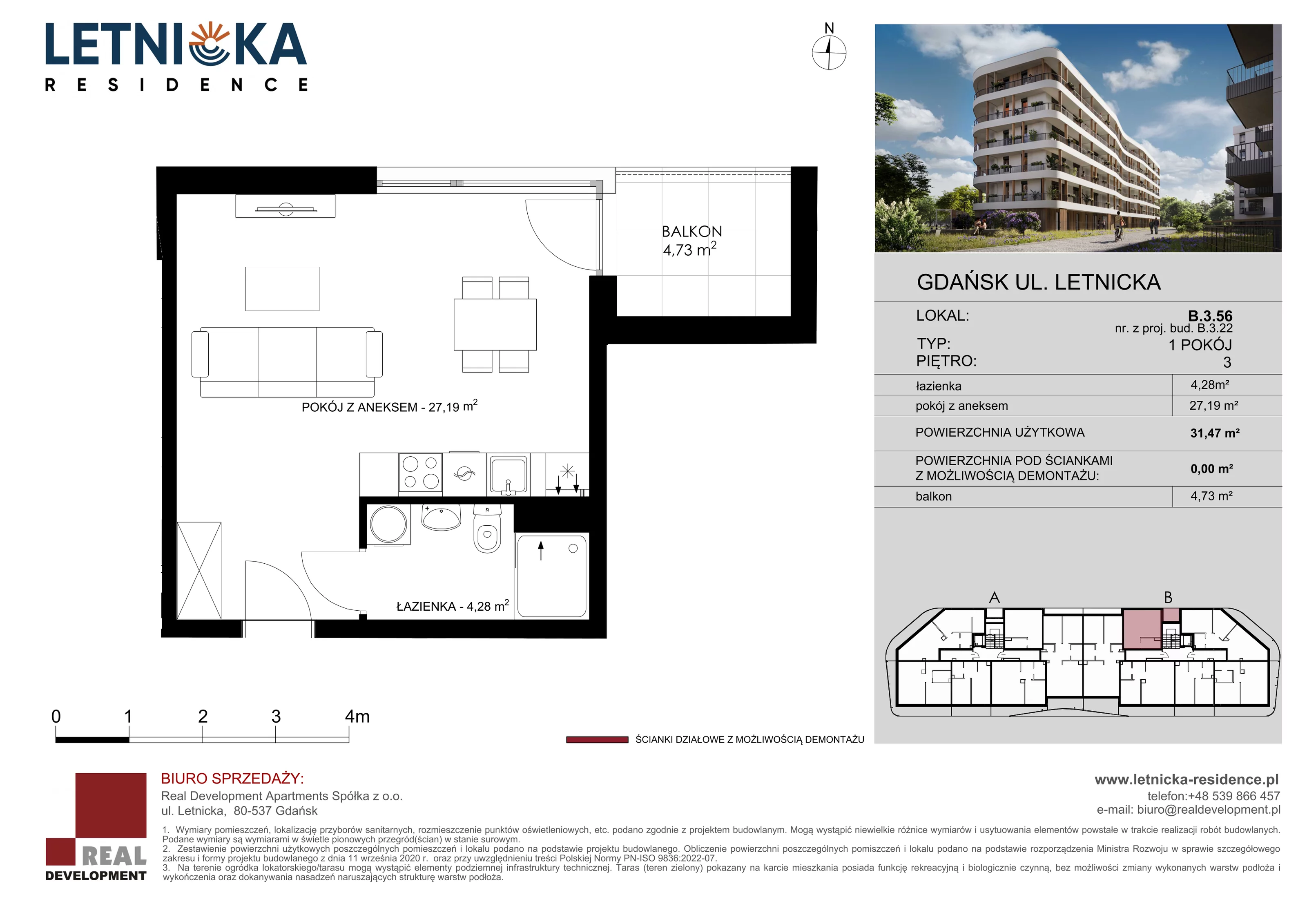 1 pokój, lokal inwestycyjny 31,47 m², piętro 3, oferta nr B_3_56, Letnicka Residence, Gdańsk, Letnica, ul. Letnicka