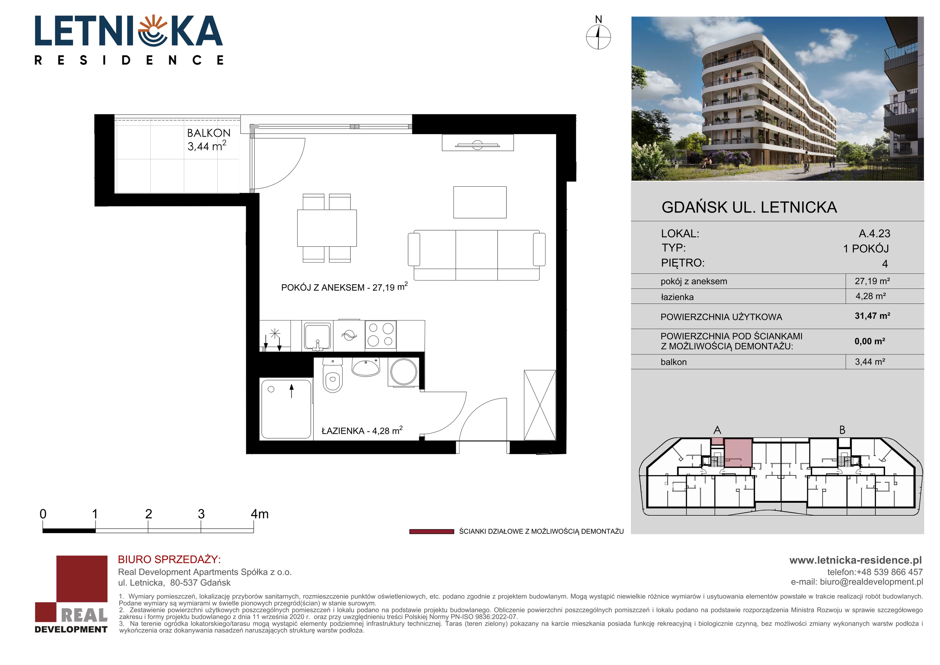 1 pokój, lokal inwestycyjny 31,47 m², piętro 4, oferta nr A_4_23, Letnicka Residence, Gdańsk, Letnica, ul. Letnicka