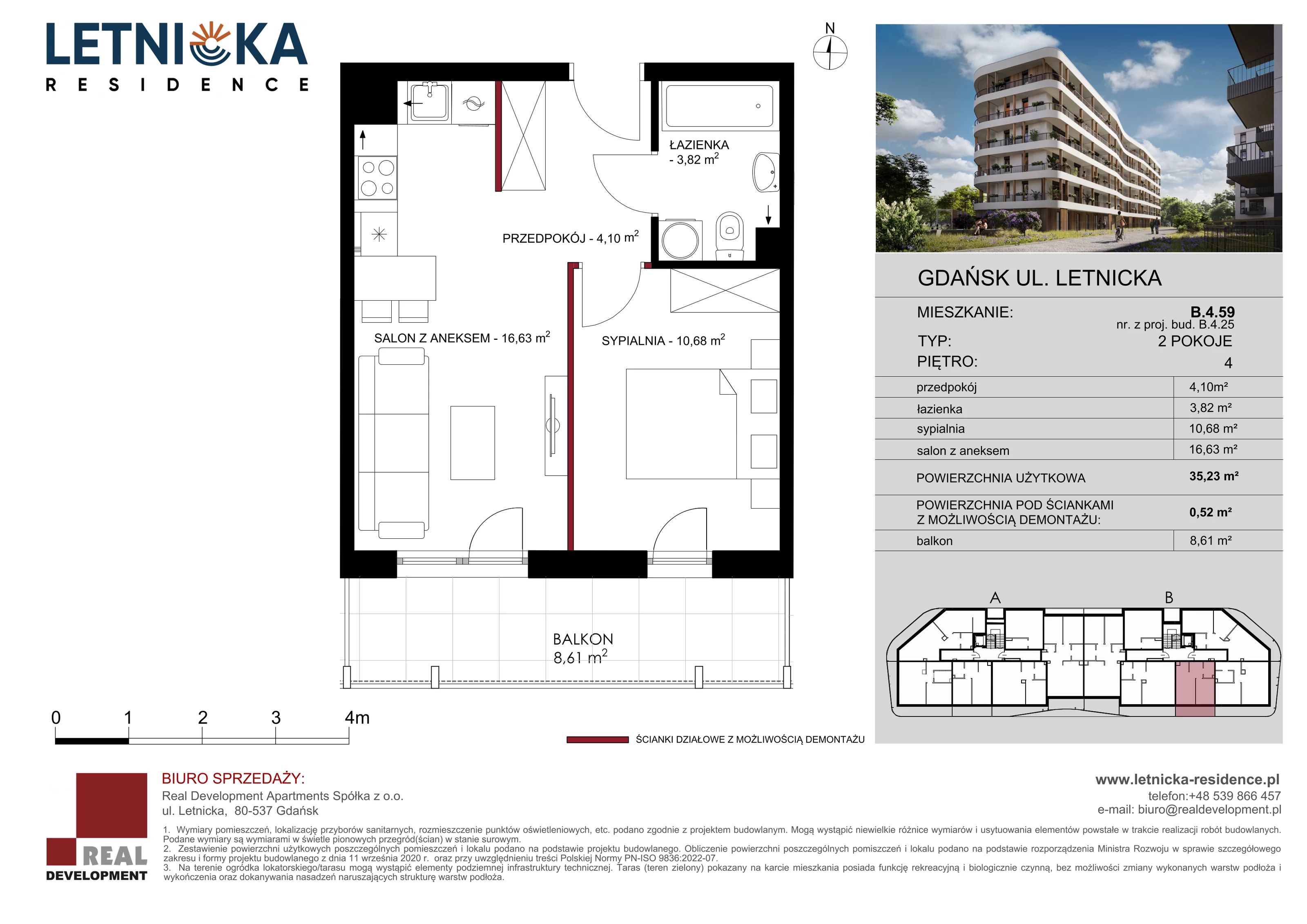 2 pokoje, mieszkanie 35,23 m², piętro 4, oferta nr B_4_59, Letnicka Residence, Gdańsk, Letnica, ul. Letnicka