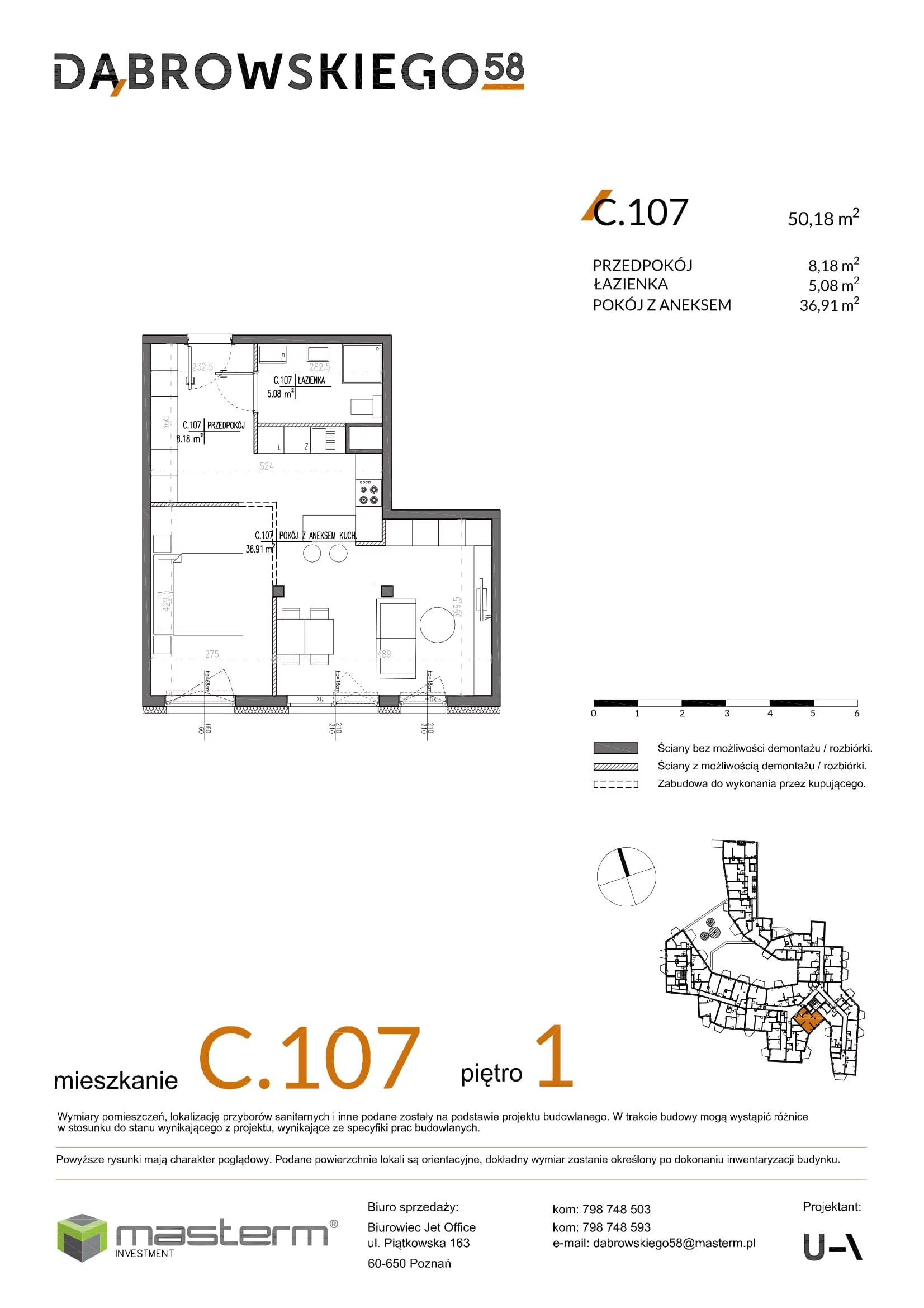 Mieszkanie 50,18 m², piętro 1, oferta nr C.107, Dąbrowskiego 58, Poznań, Jeżyce, ul. Dąbrowskiego 58