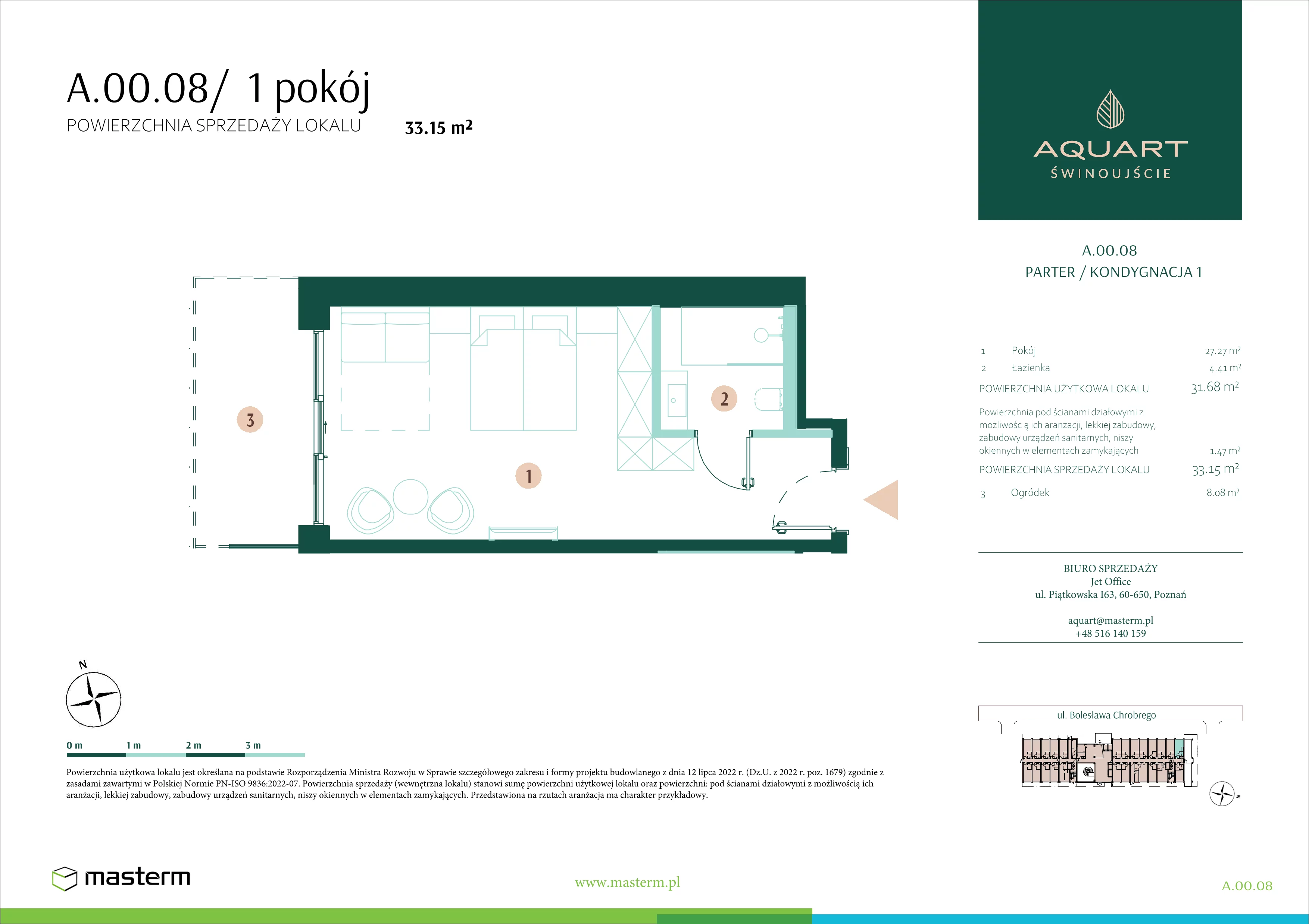 1 pokój, apartament 33,15 m², parter, oferta nr A.00.08, Aquart, Świnoujście, ul. Bolesława Chrobrego 35