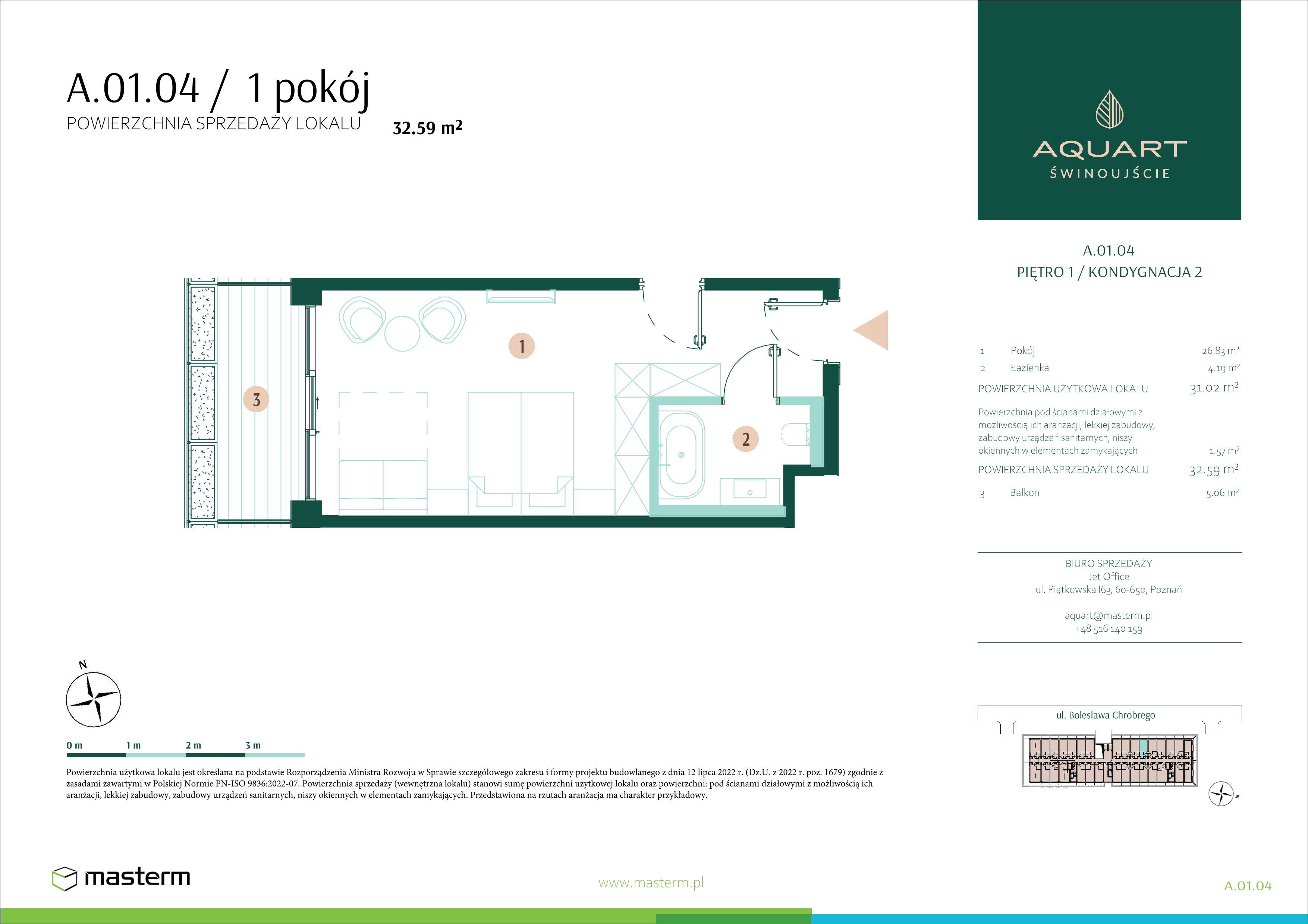 1 pokój, apartament 32,59 m², piętro 1, oferta nr A.01.04, Aquart, Świnoujście, ul. Bolesława Chrobrego 35