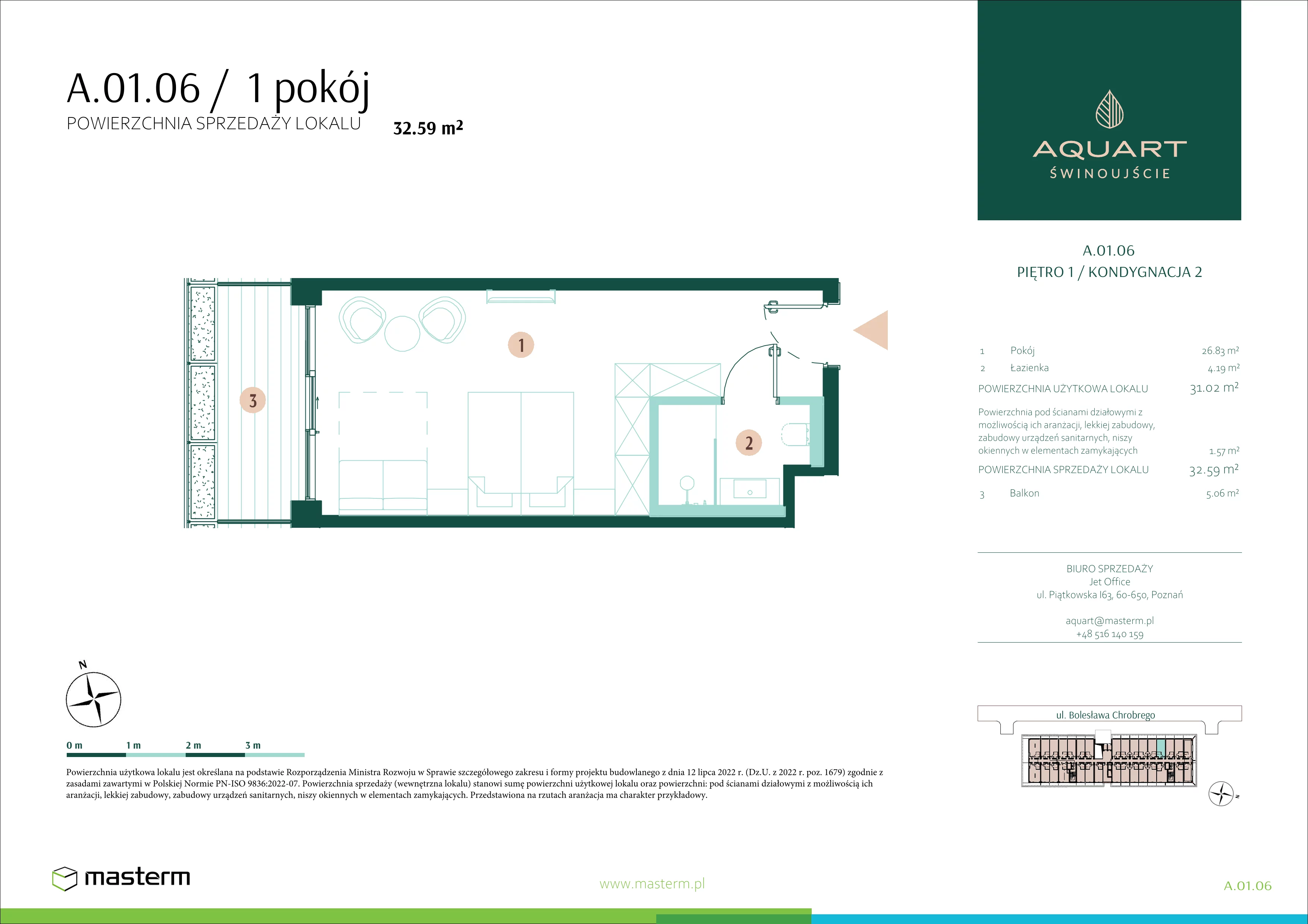1 pokój, apartament 32,59 m², piętro 1, oferta nr A.01.06, Aquart, Świnoujście, ul. Bolesława Chrobrego 35