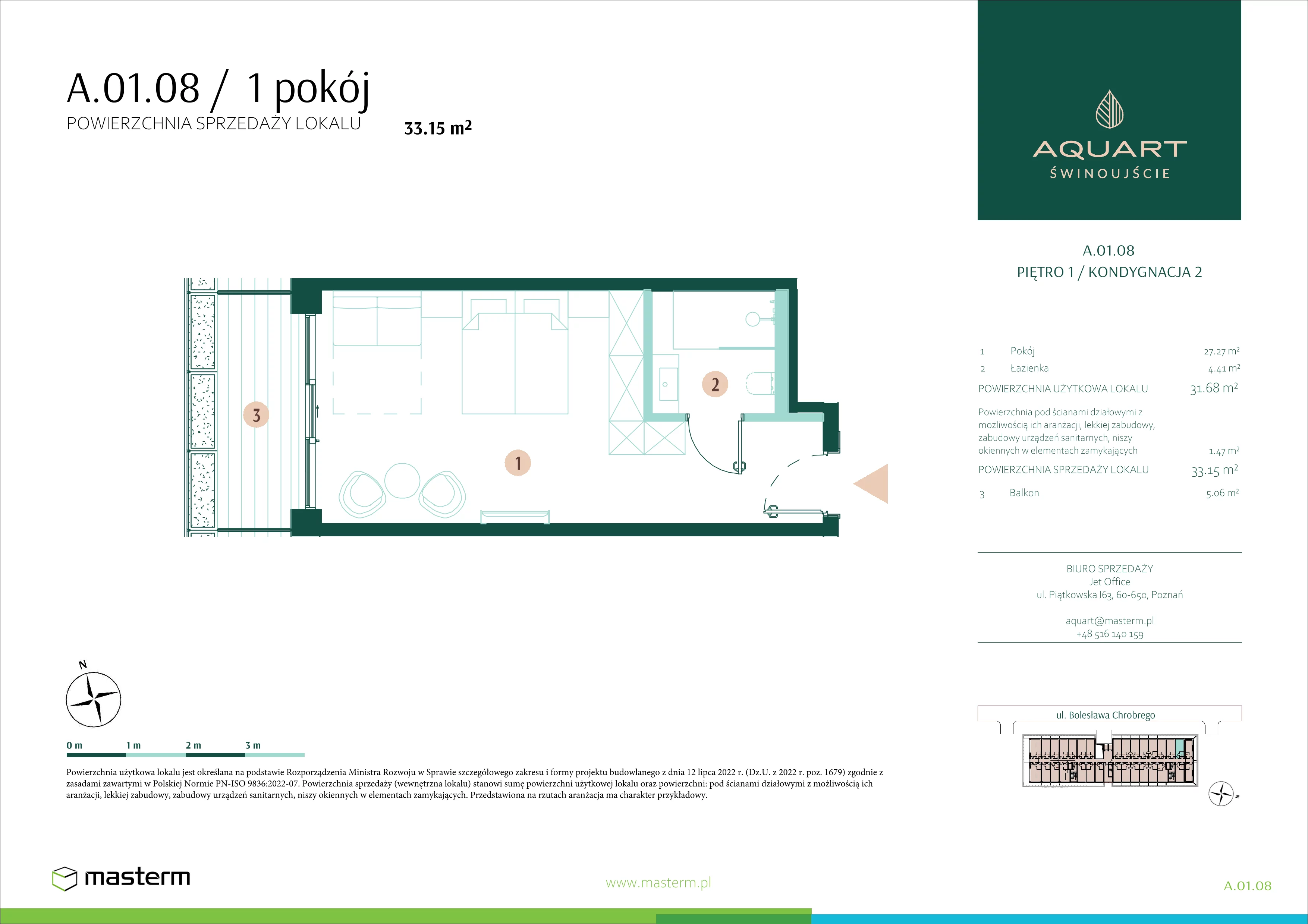 1 pokój, apartament 33,15 m², piętro 1, oferta nr A.01.08, Aquart, Świnoujście, ul. Bolesława Chrobrego 35