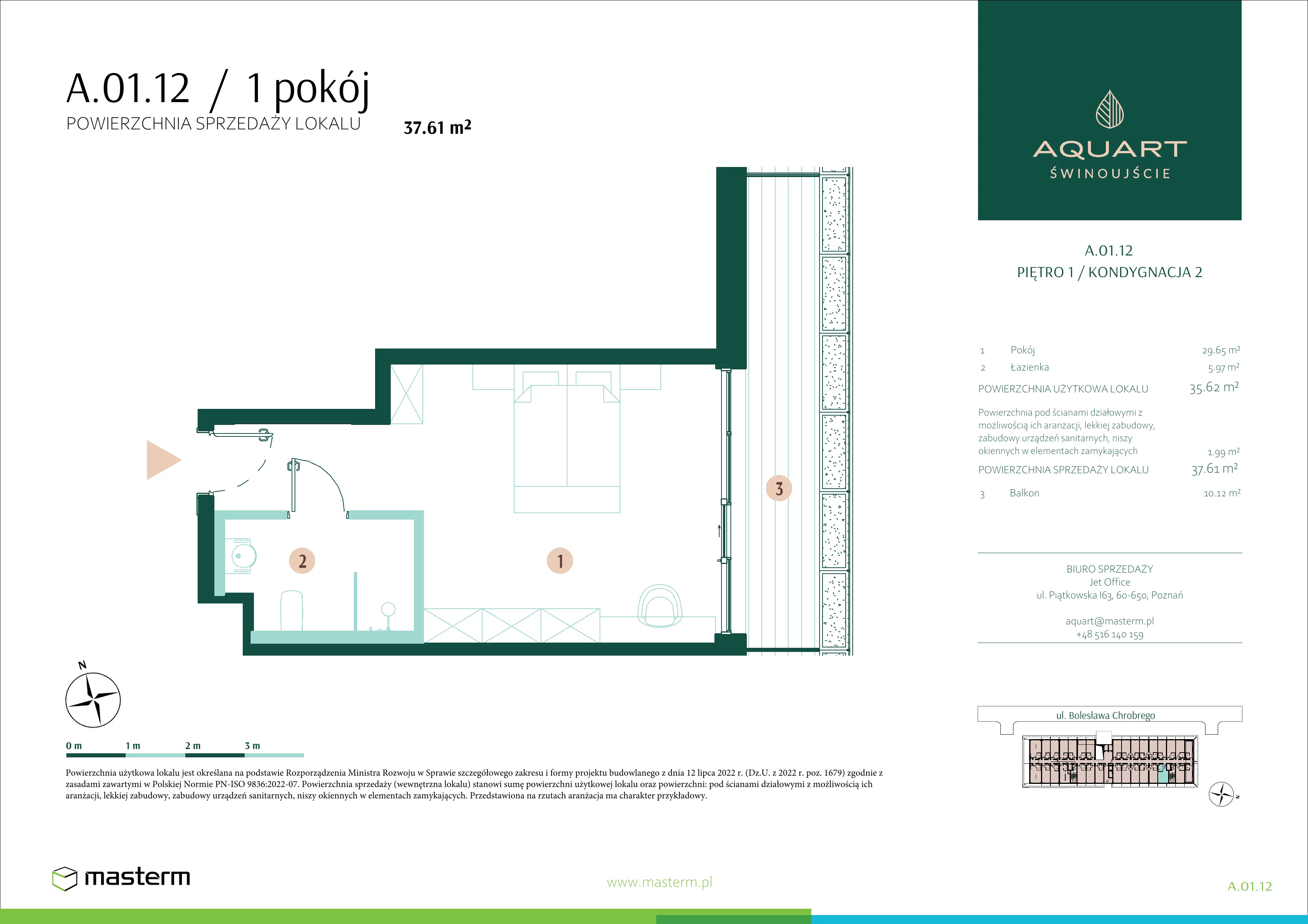 1 pokój, apartament 37,61 m², piętro 1, oferta nr A.01.12, Aquart, Świnoujście, ul. Bolesława Chrobrego 35