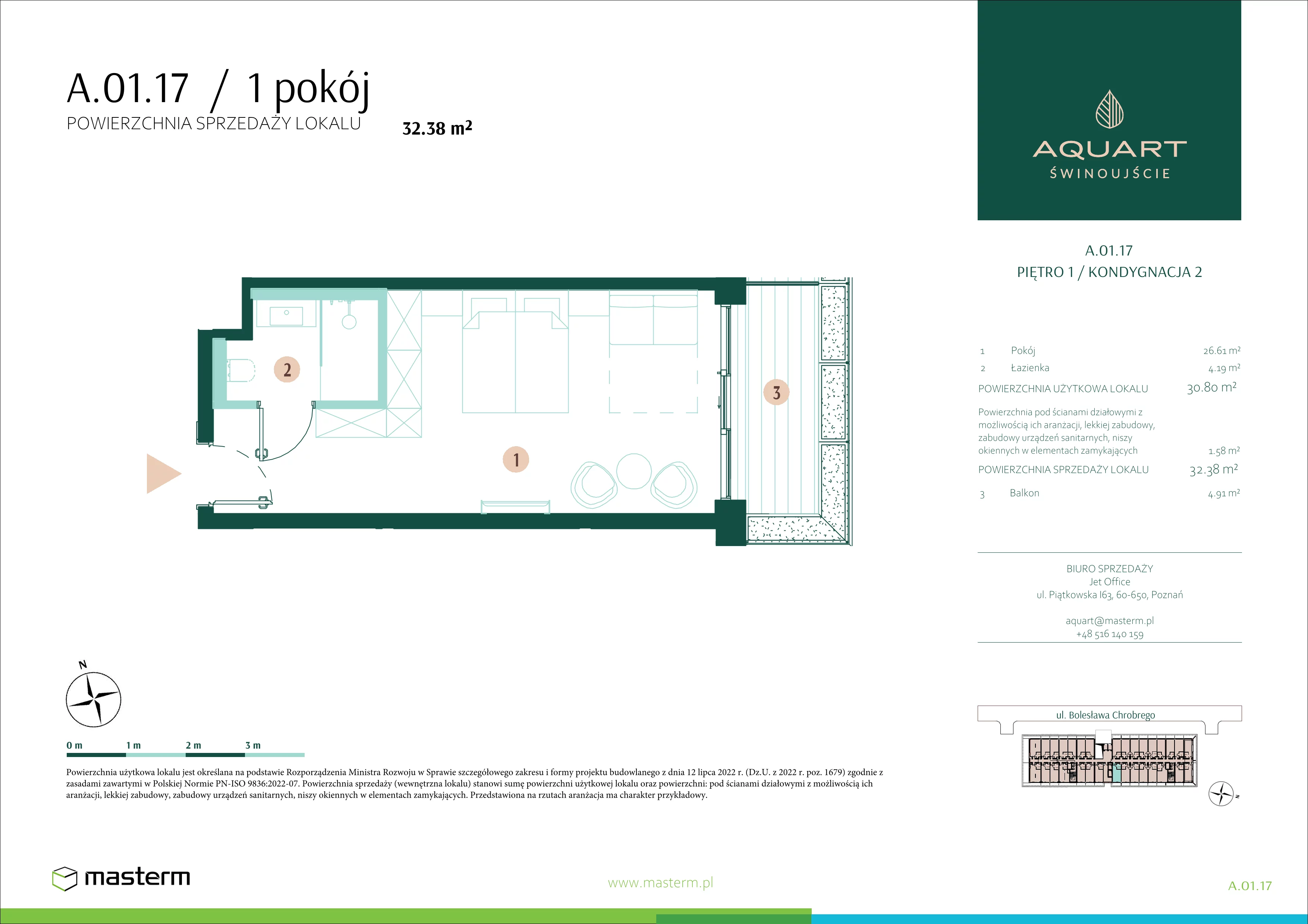 1 pokój, apartament 32,38 m², piętro 1, oferta nr A.01.17, Aquart, Świnoujście, ul. Bolesława Chrobrego 35