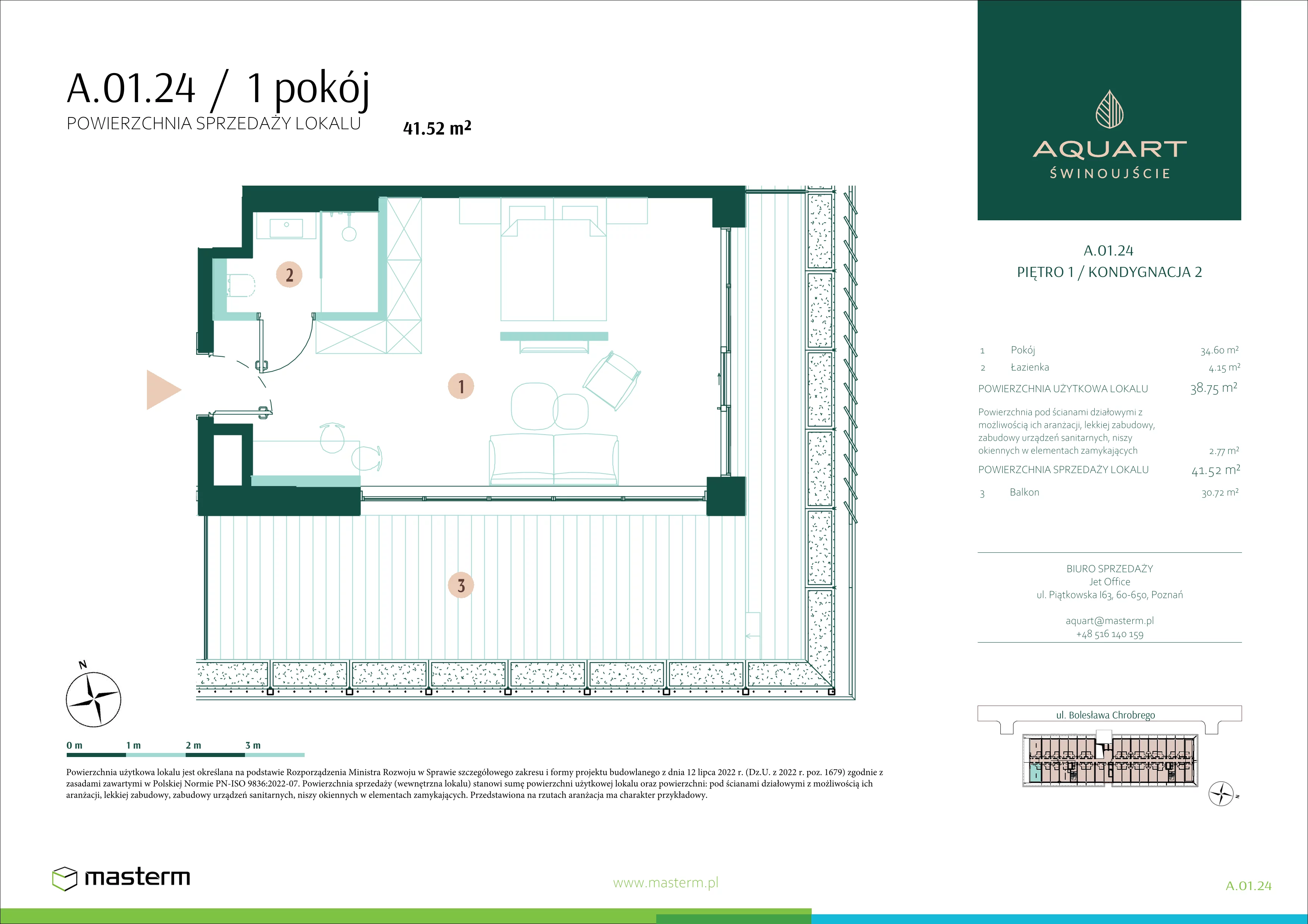 1 pokój, apartament 41,52 m², piętro 1, oferta nr A.01.24, Aquart, Świnoujście, ul. Bolesława Chrobrego 35