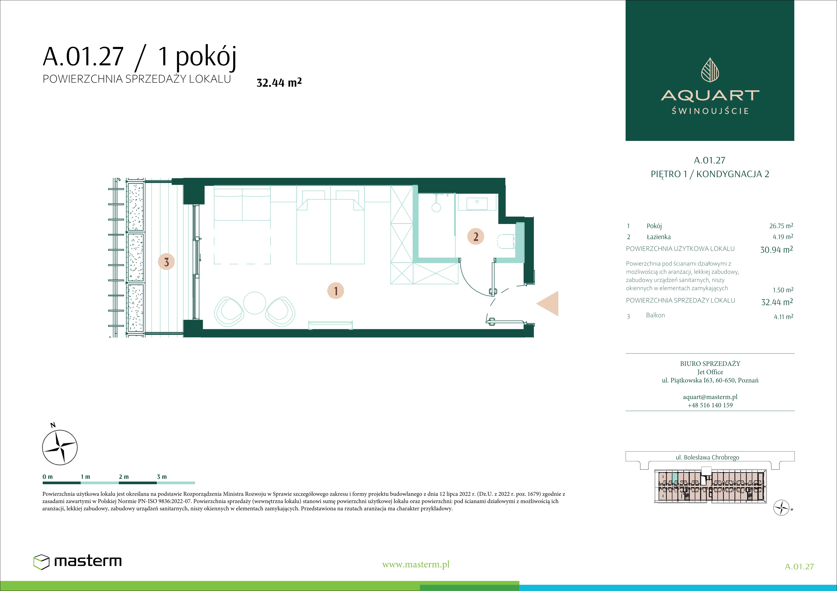 1 pokój, apartament 32,44 m², piętro 1, oferta nr A.01.27, Aquart, Świnoujście, ul. Bolesława Chrobrego 35