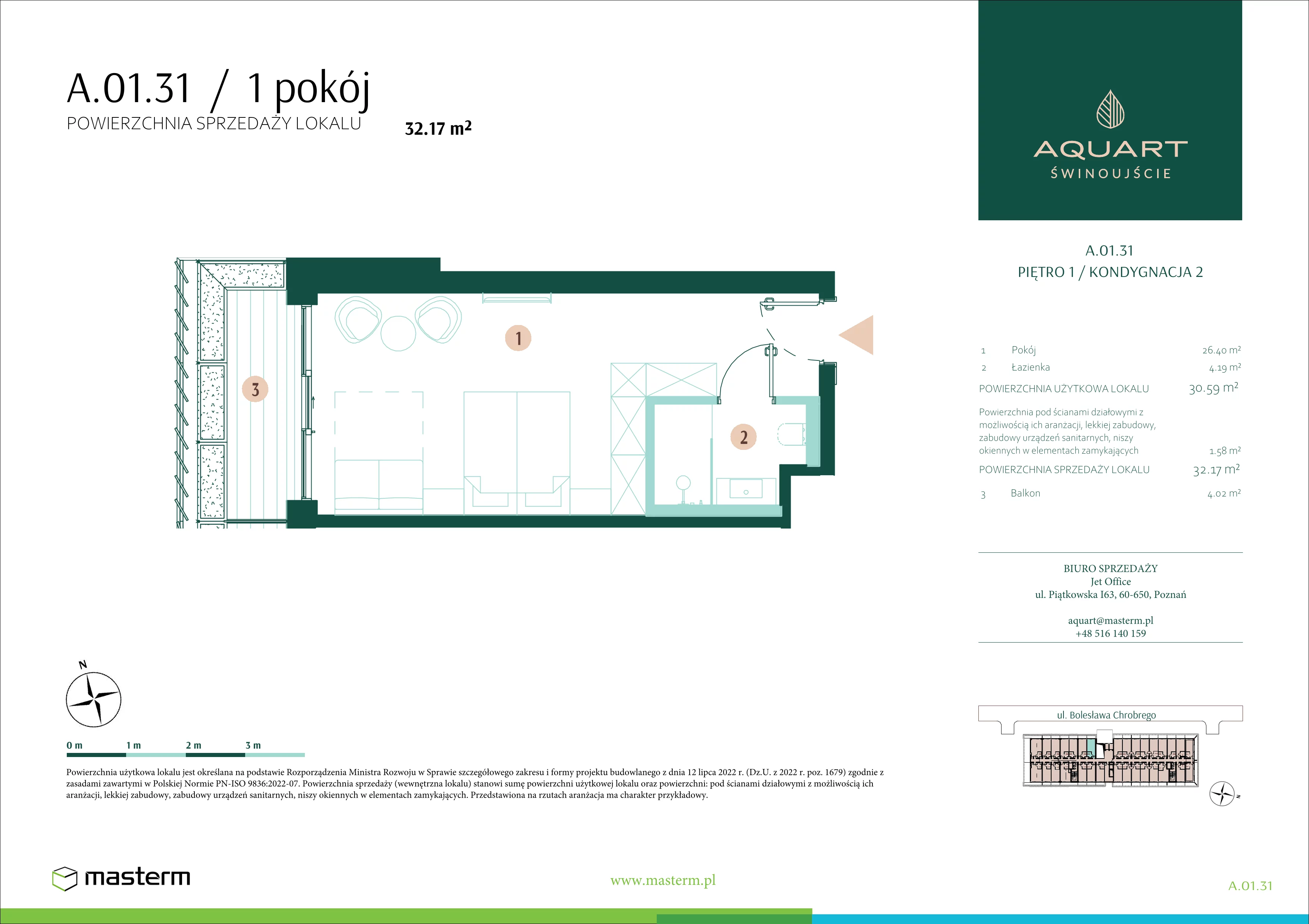 1 pokój, apartament 32,17 m², piętro 1, oferta nr A.01.31, Aquart, Świnoujście, ul. Bolesława Chrobrego 35
