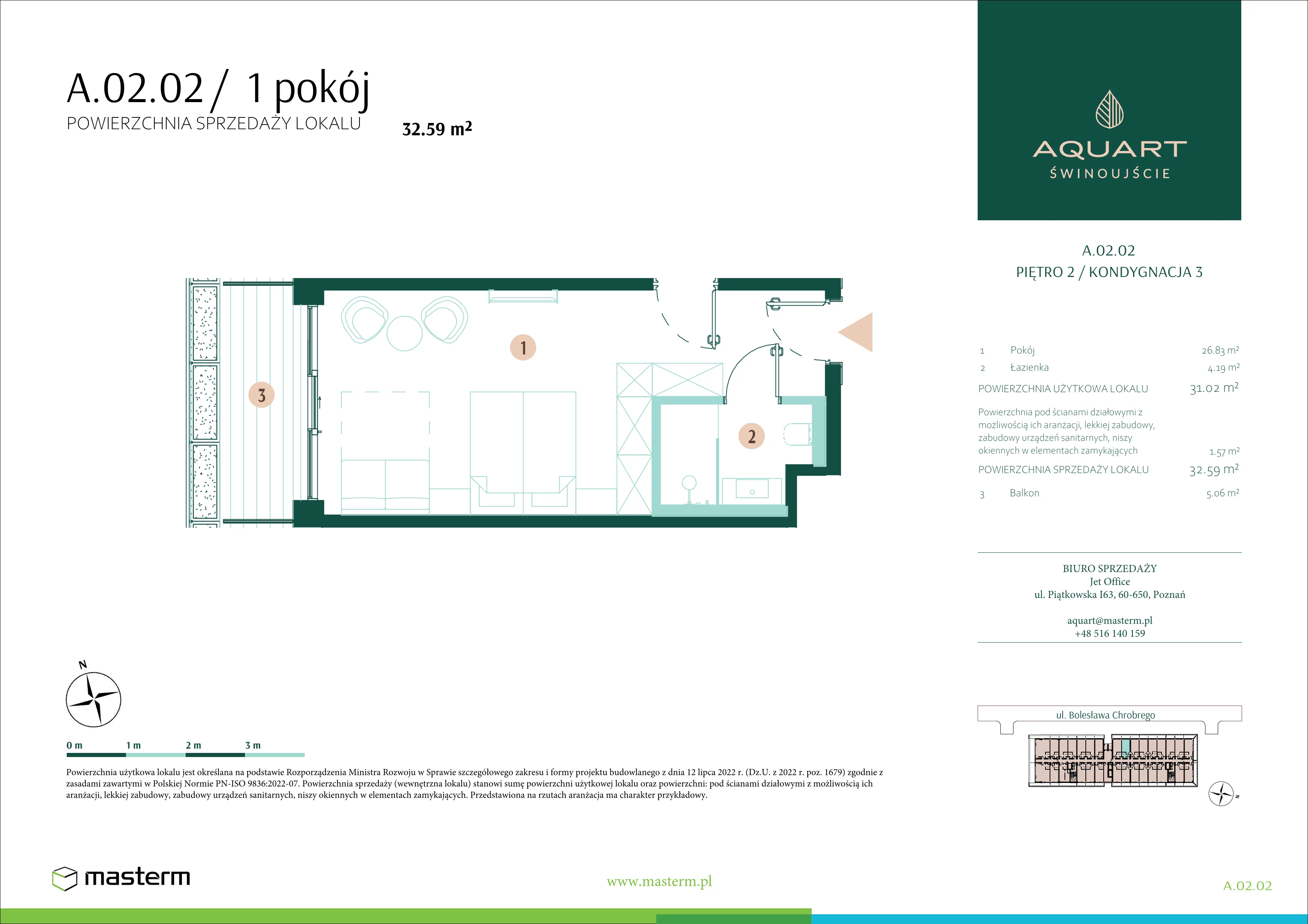 1 pokój, apartament 32,59 m², piętro 2, oferta nr A.02.02, Aquart, Świnoujście, ul. Bolesława Chrobrego 35