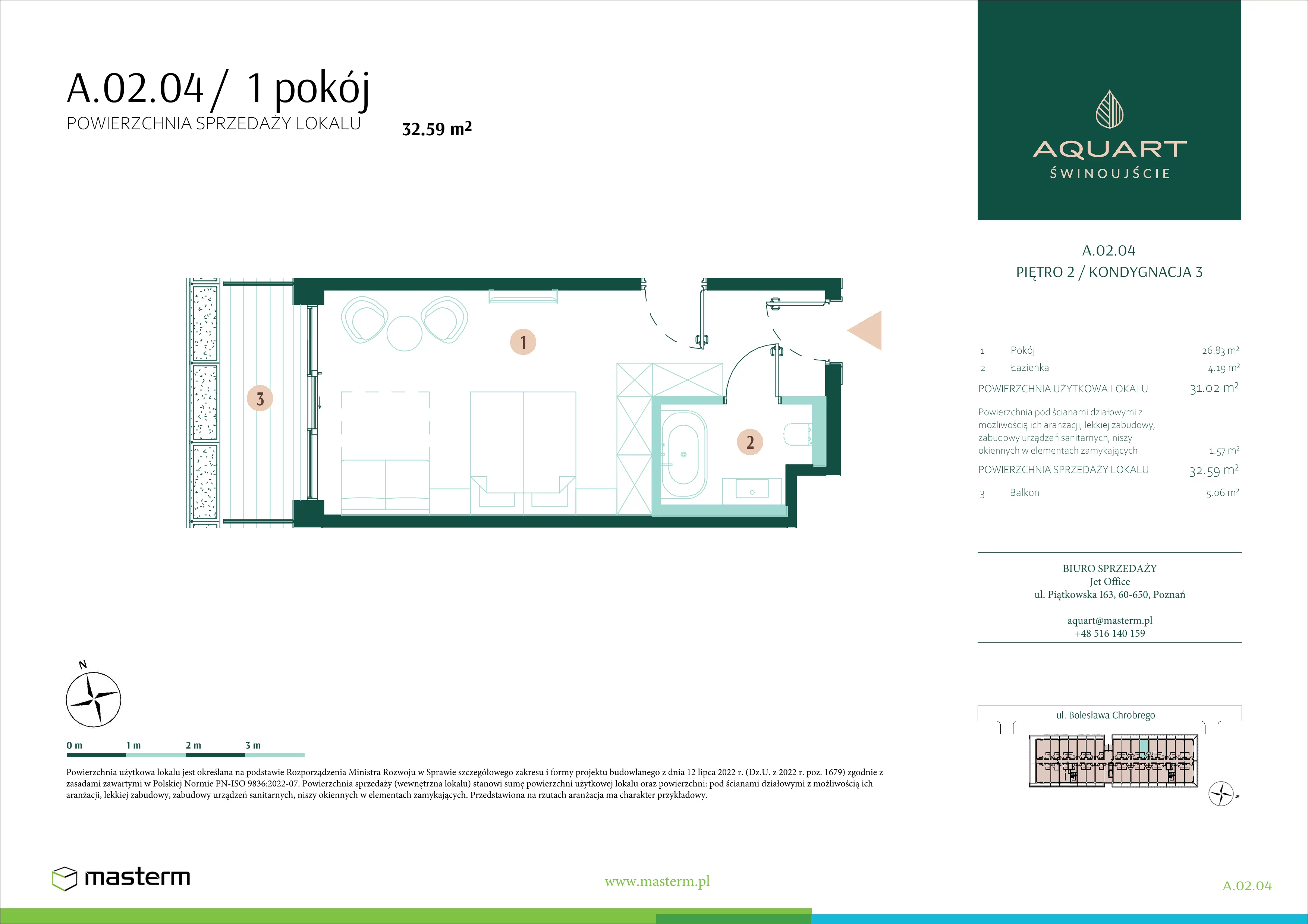 1 pokój, apartament 32,59 m², piętro 2, oferta nr A.02.04, Aquart, Świnoujście, ul. Bolesława Chrobrego 35