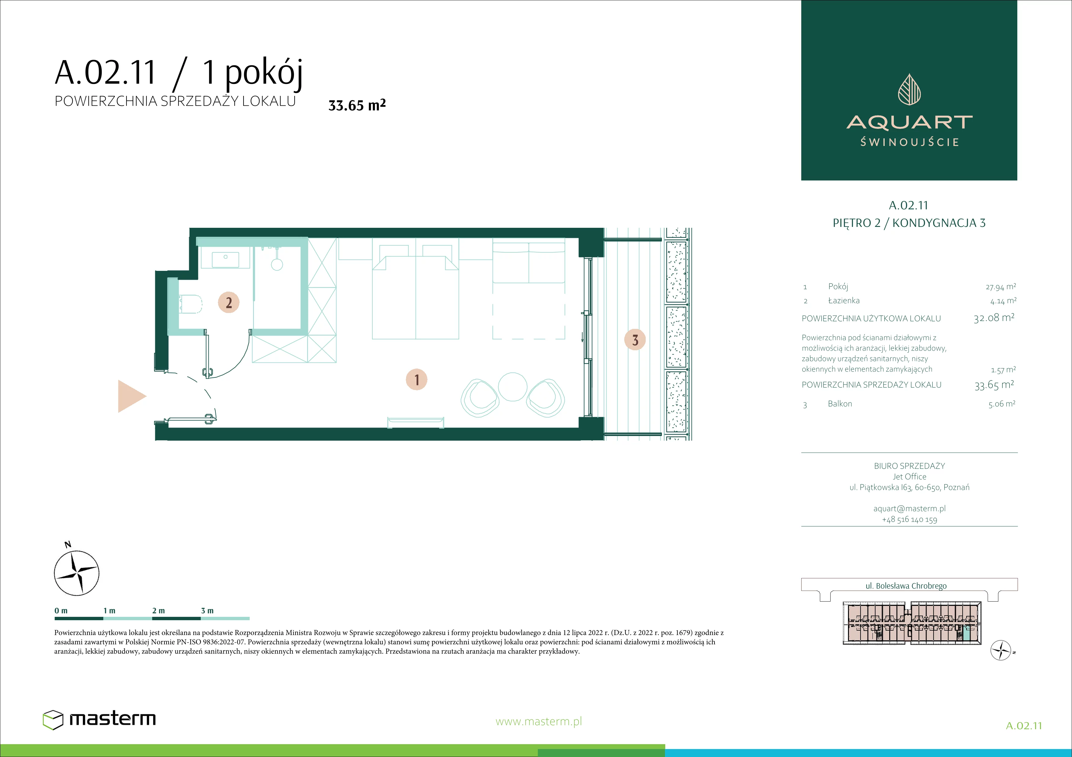 1 pokój, apartament 33,65 m², piętro 2, oferta nr A.02.11, Aquart, Świnoujście, ul. Bolesława Chrobrego 35