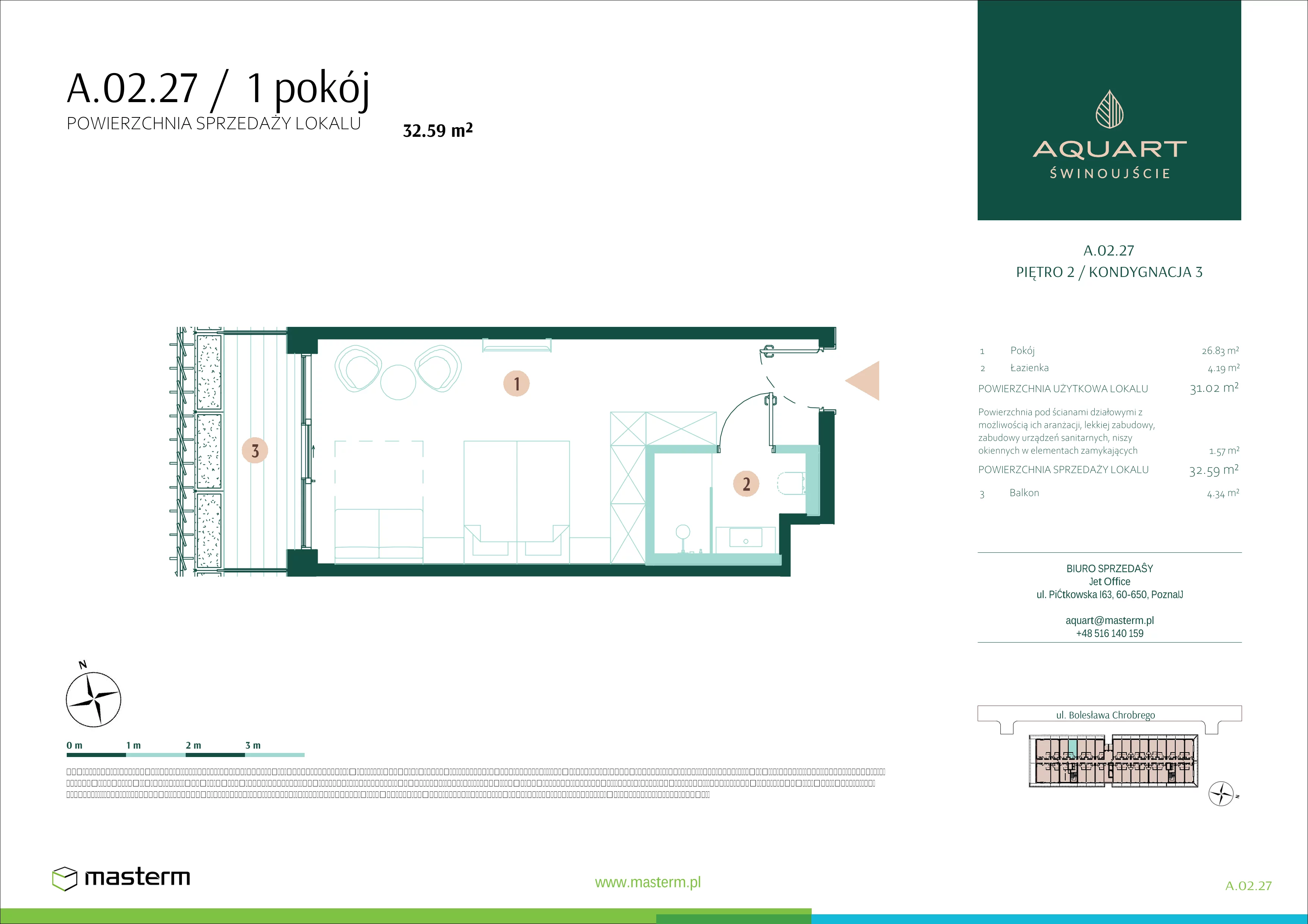 1 pokój, apartament 32,59 m², piętro 2, oferta nr A.02.27, Aquart, Świnoujście, ul. Bolesława Chrobrego 35