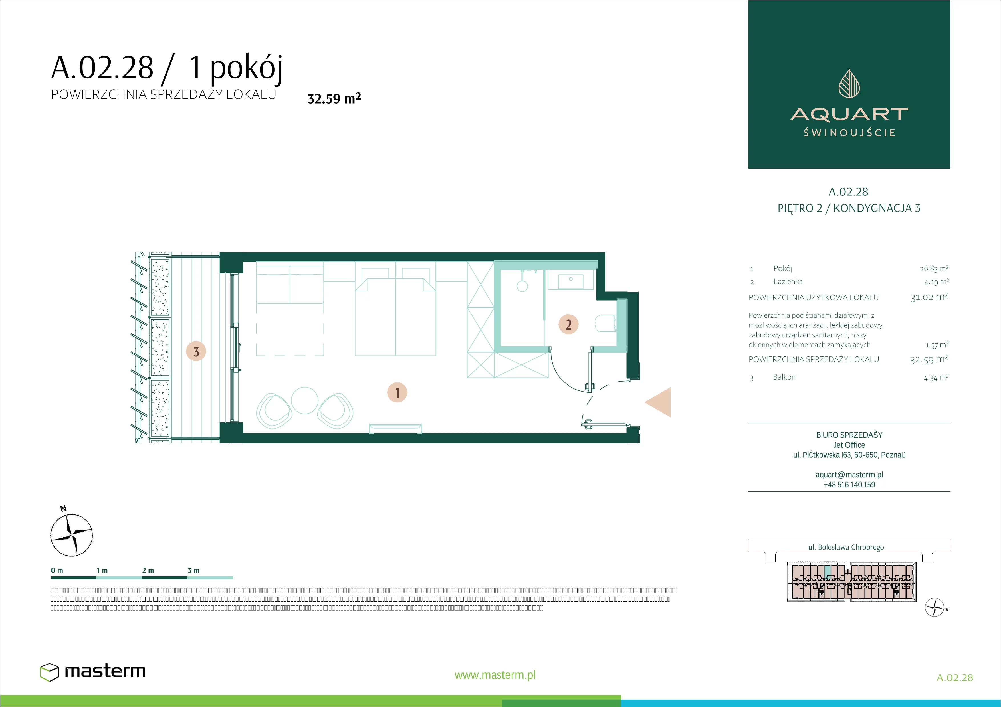 1 pokój, apartament 32,59 m², piętro 2, oferta nr A.02.28, Aquart, Świnoujście, ul. Bolesława Chrobrego 35