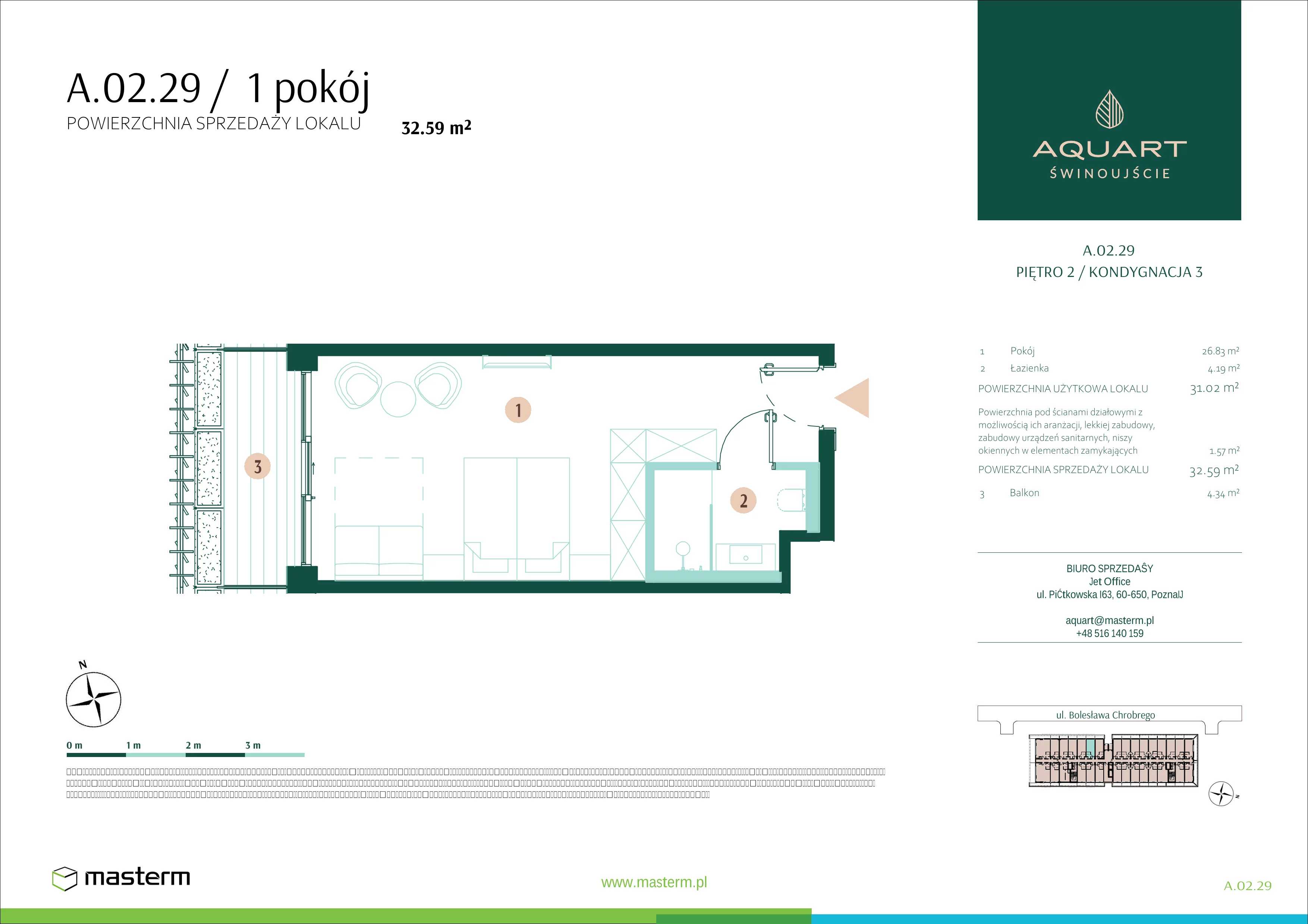 1 pokój, apartament 32,59 m², piętro 2, oferta nr A.02.29, Aquart, Świnoujście, ul. Bolesława Chrobrego 35