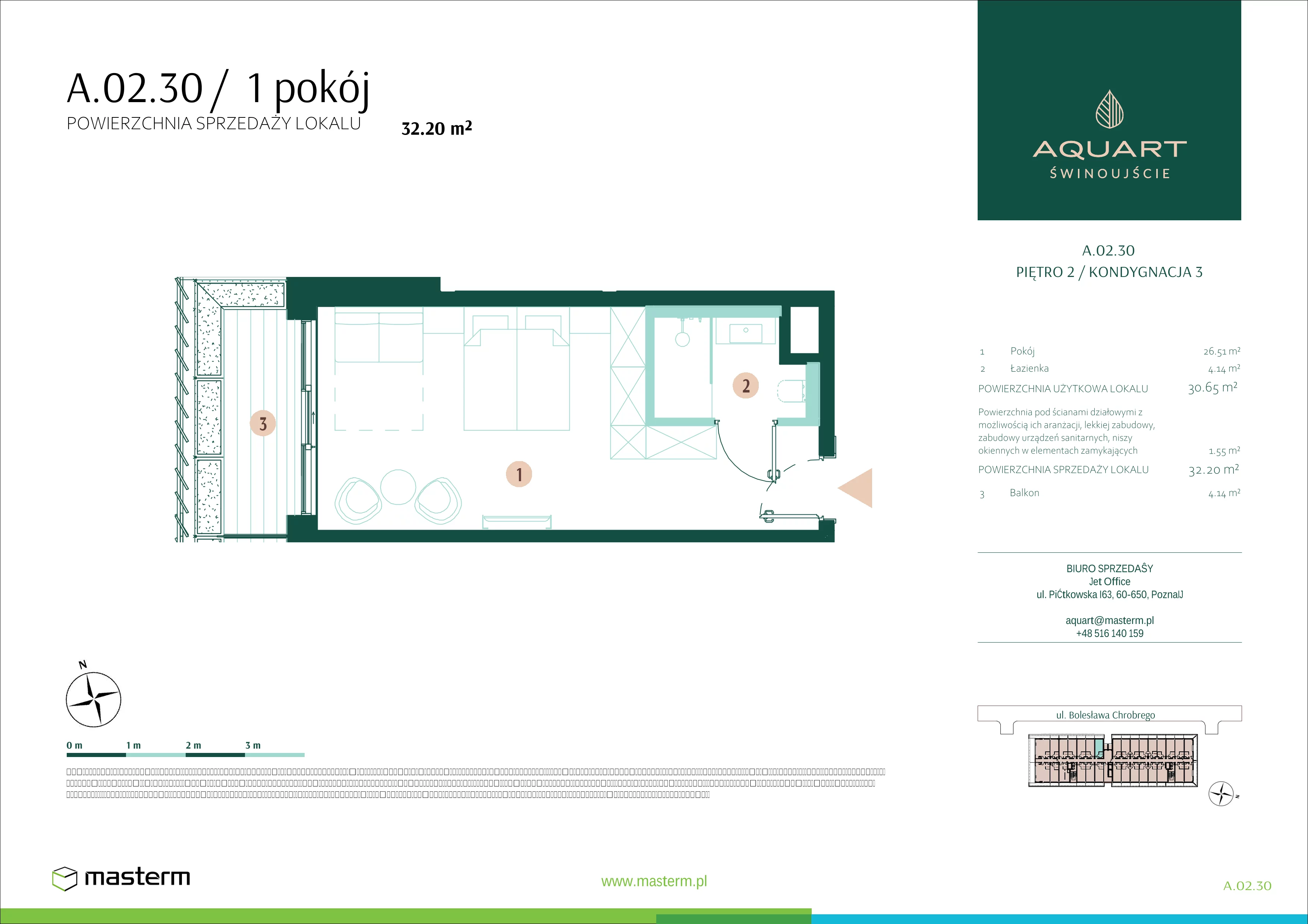 1 pokój, apartament 32,20 m², piętro 2, oferta nr A.02.30, Aquart, Świnoujście, ul. Bolesława Chrobrego 35