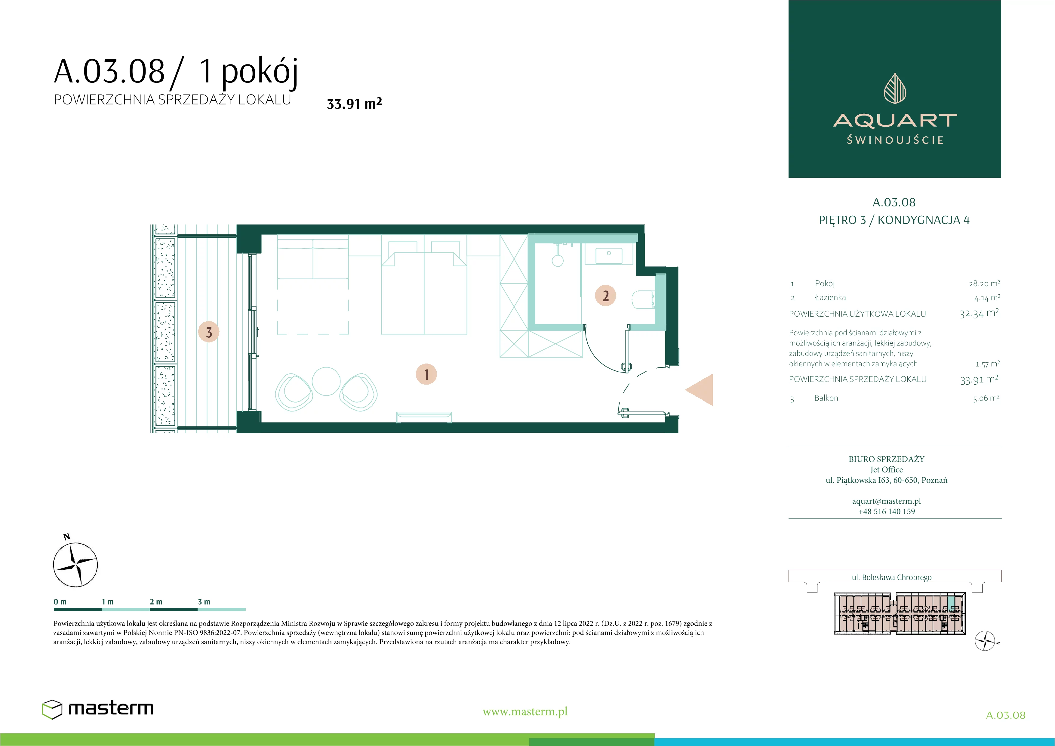 1 pokój, apartament 33,91 m², piętro 3, oferta nr A.03.08, Aquart, Świnoujście, ul. Bolesława Chrobrego 35