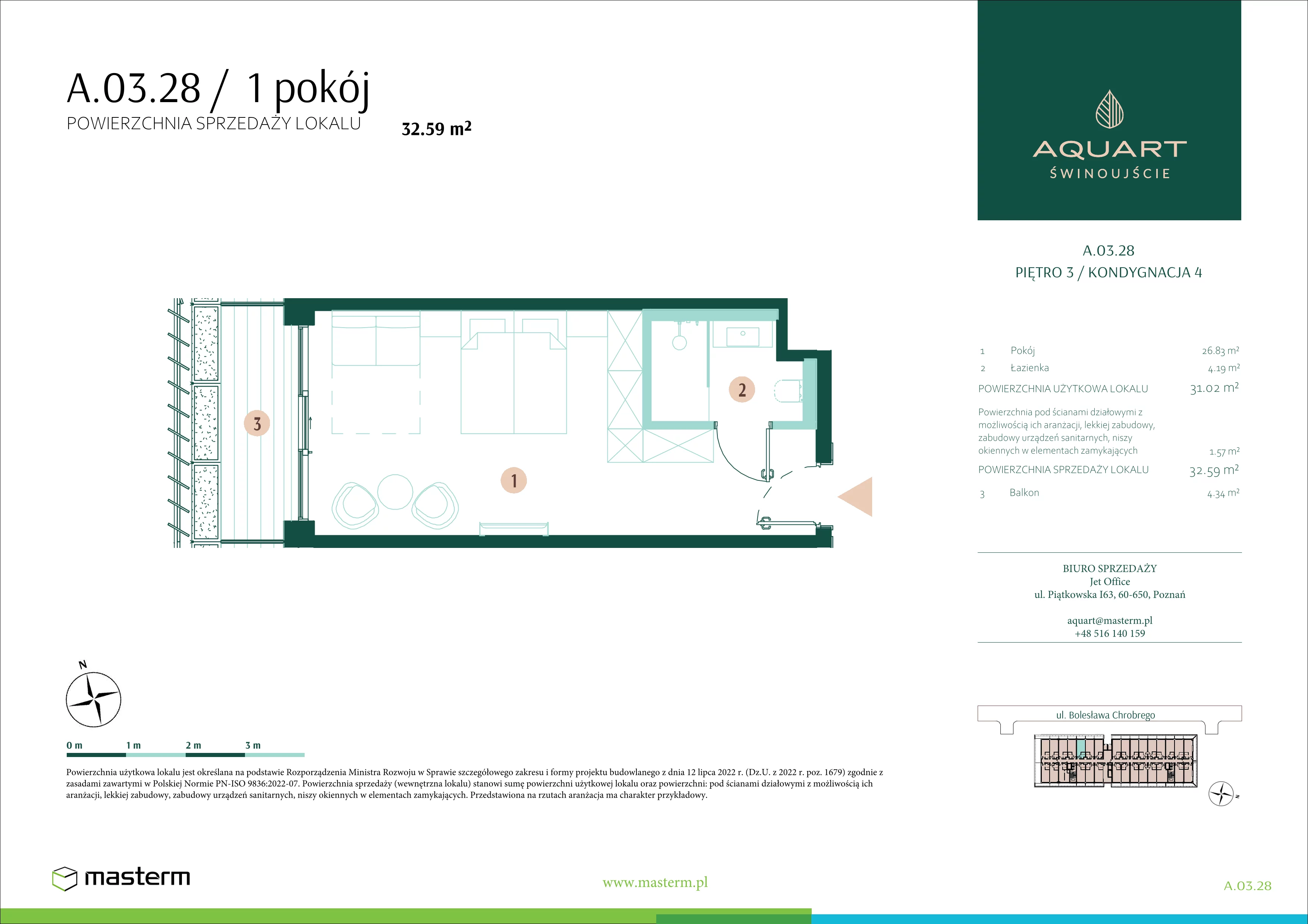 1 pokój, apartament 32,59 m², piętro 3, oferta nr A.03.28, Aquart, Świnoujście, ul. Bolesława Chrobrego 35
