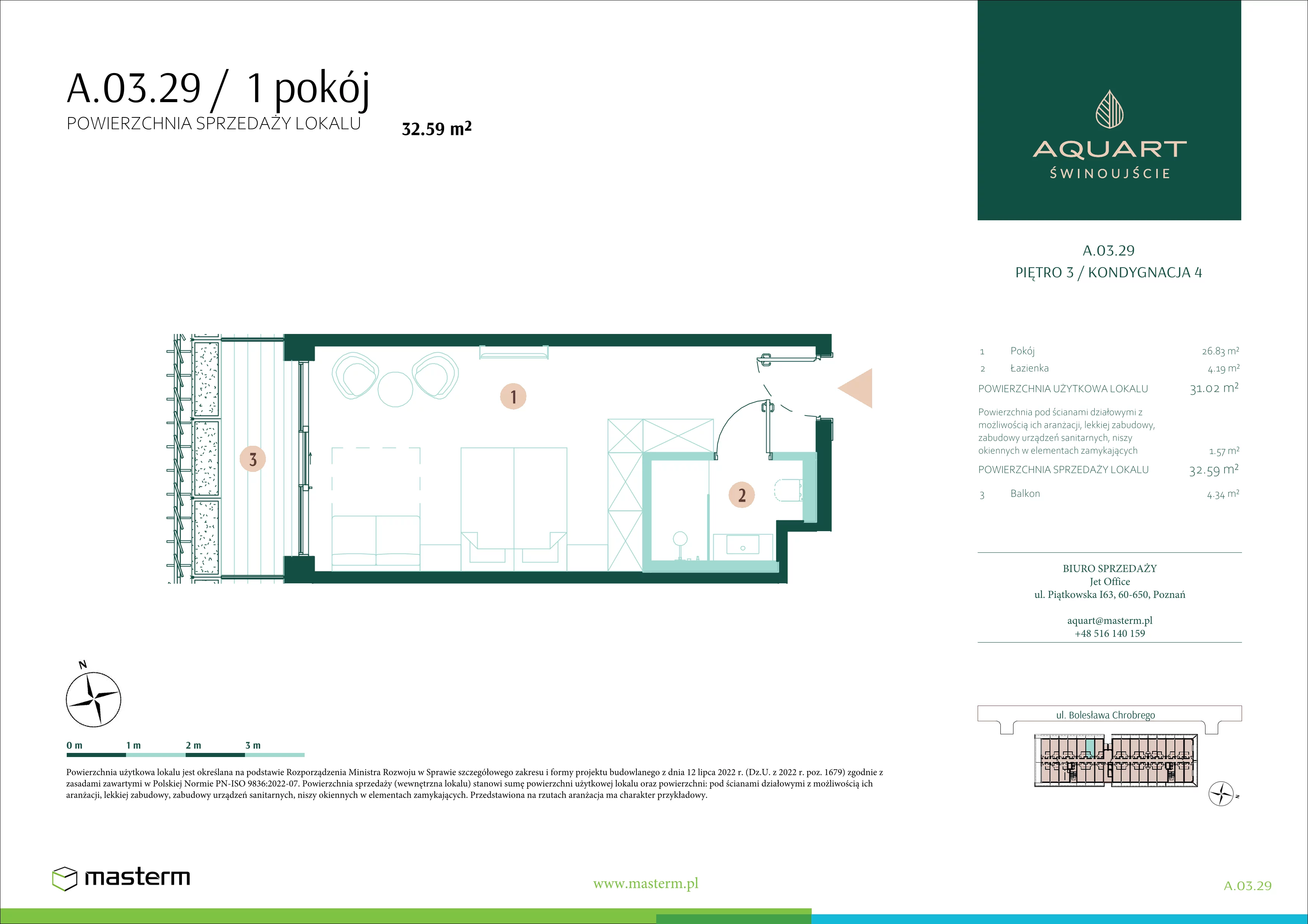 1 pokój, apartament 32,59 m², piętro 3, oferta nr A.03.29, Aquart, Świnoujście, ul. Bolesława Chrobrego 35