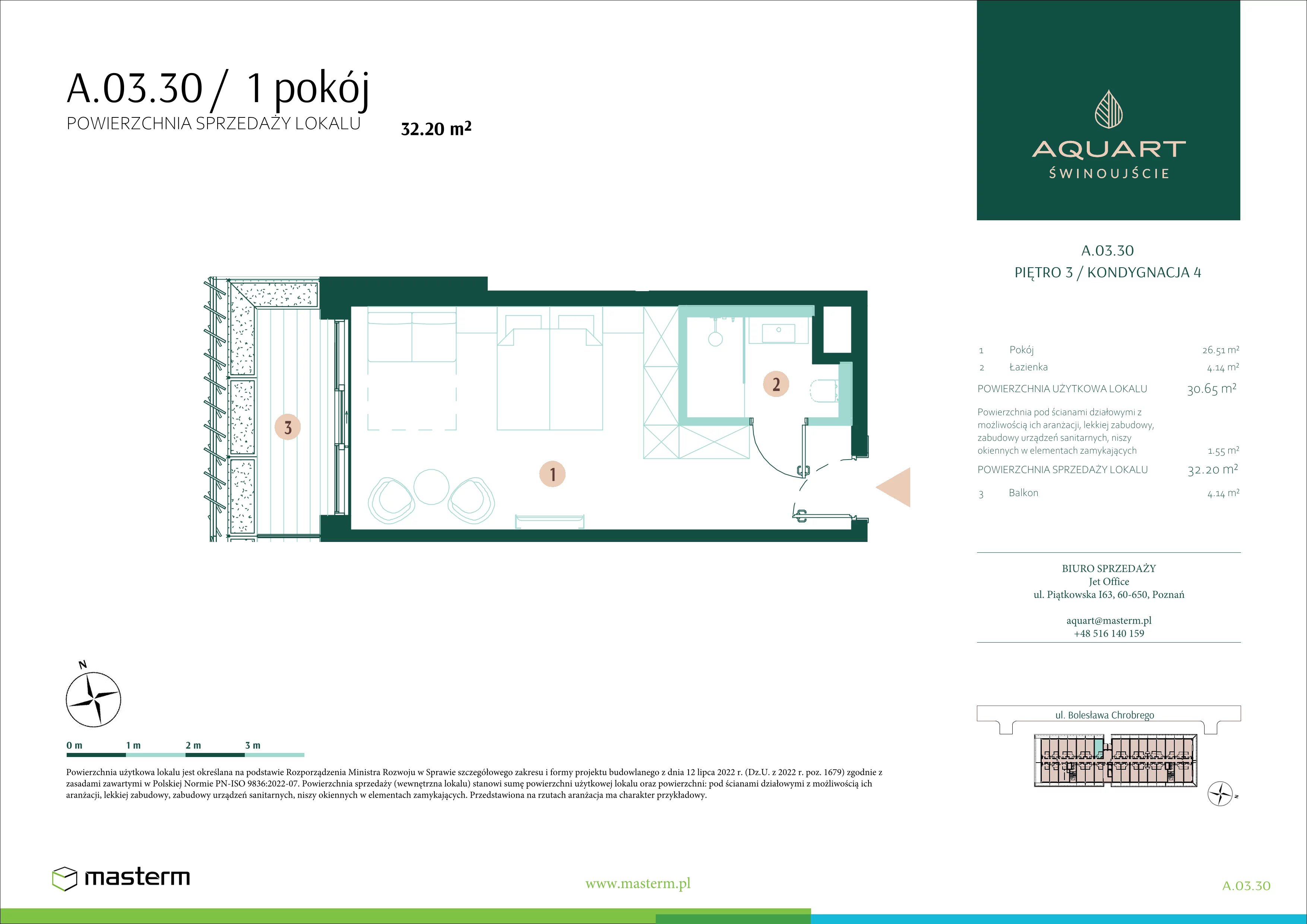 1 pokój, apartament 32,20 m², piętro 3, oferta nr A.03.30, Aquart, Świnoujście, ul. Bolesława Chrobrego 35