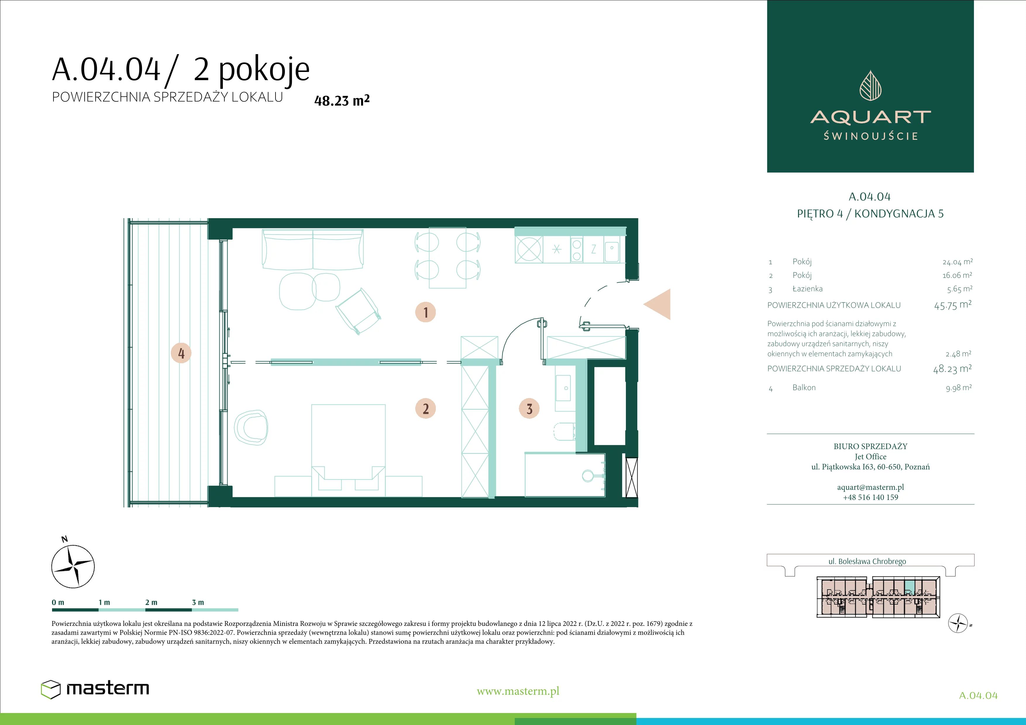 2 pokoje, apartament 48,23 m², piętro 4, oferta nr A.04.04, Aquart, Świnoujście, ul. Bolesława Chrobrego 35