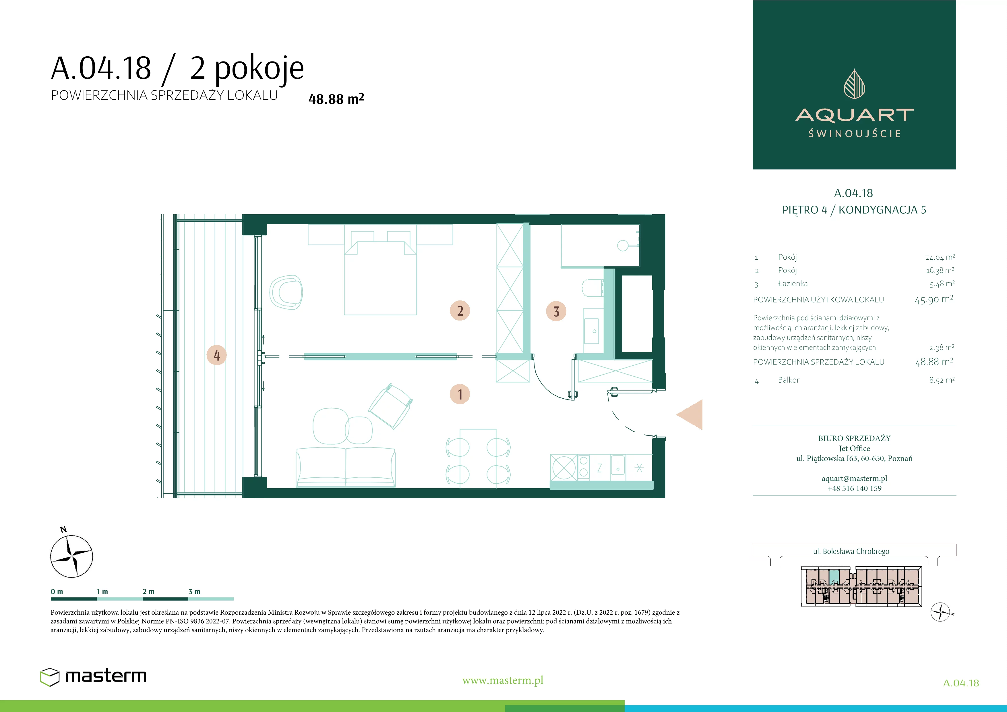 2 pokoje, apartament 48,88 m², piętro 4, oferta nr A.04.18, Aquart, Świnoujście, ul. Bolesława Chrobrego 35